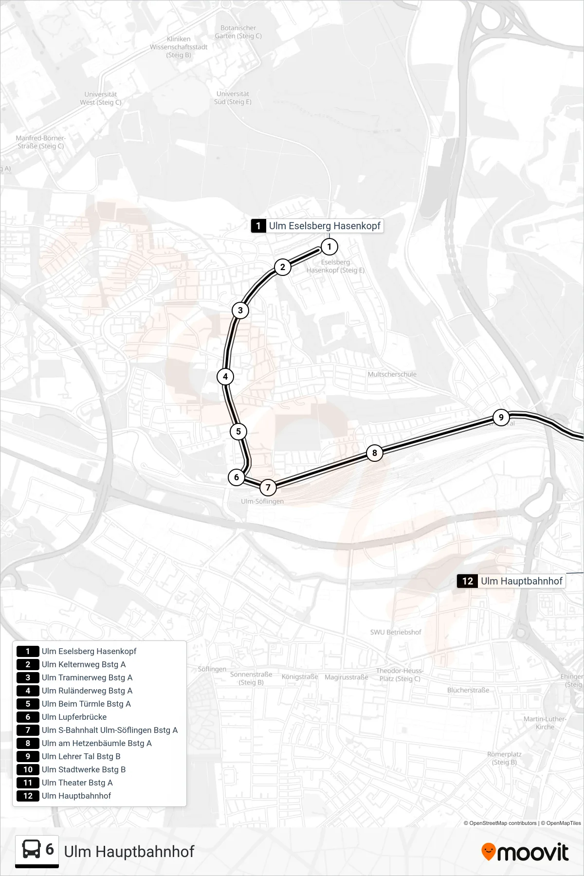Linie 6 (Bus) Richtung Ulm Hauptbahnhof: Route und Haltestellen auf der Karte
