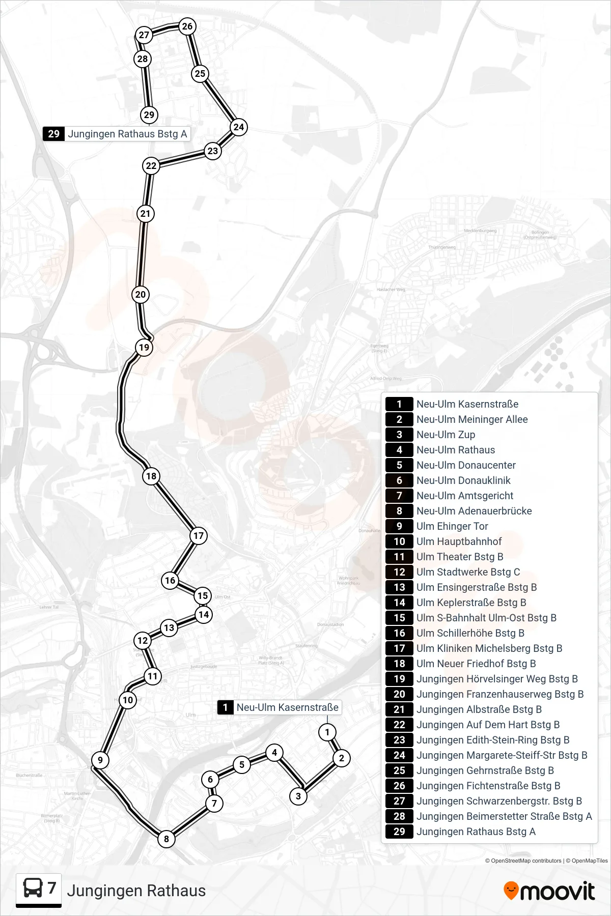 7 bus Line (Jungingen Rathaus) route and stops on a map