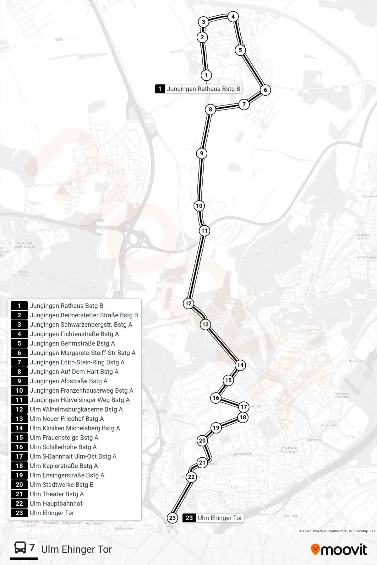 Linie 7 (Bus) Richtung Ulm Ehinger Tor: Route und Haltestellen auf der Karte