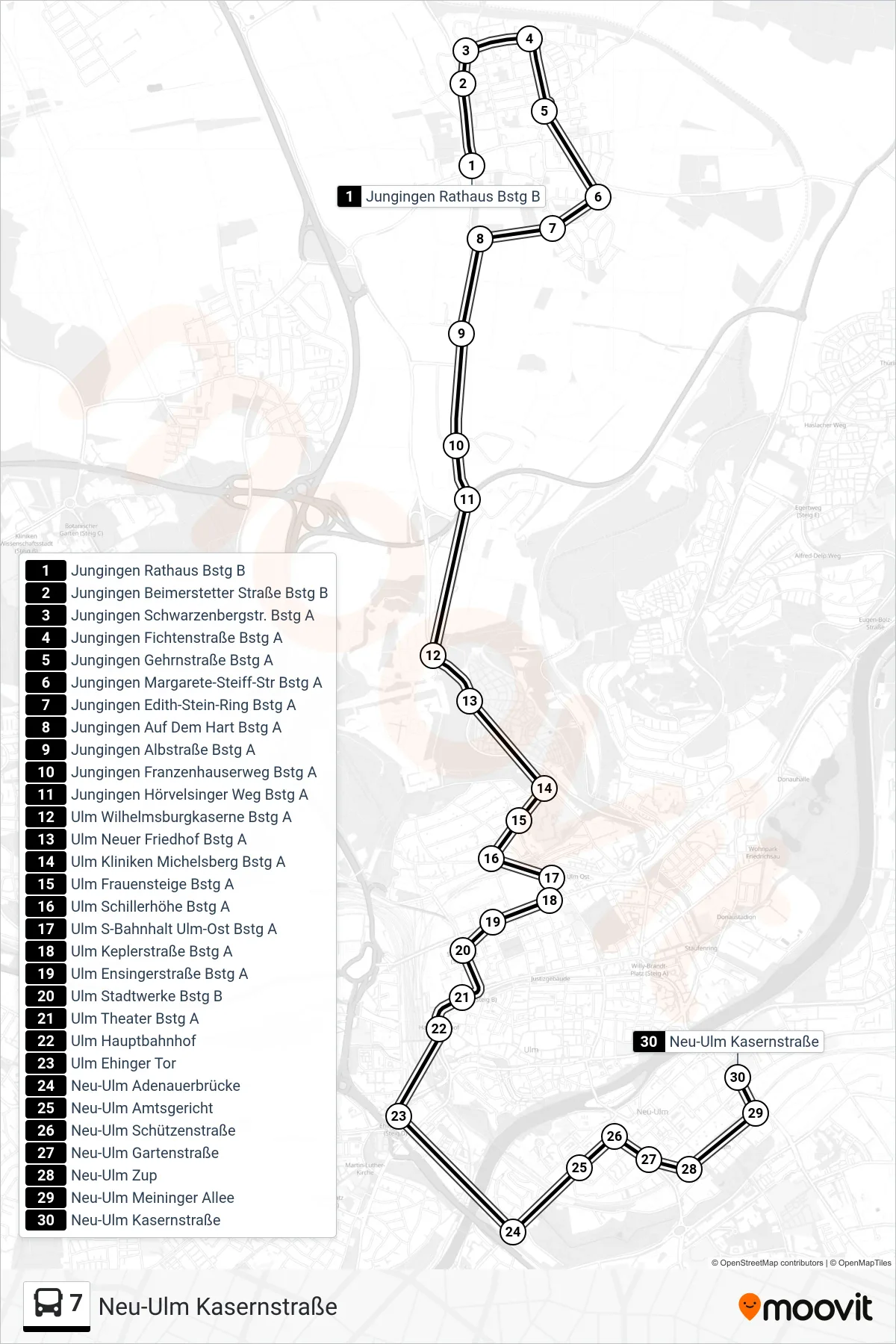 7 bus Line (Neu-Ulm Kasernstraße) route and stops on a map