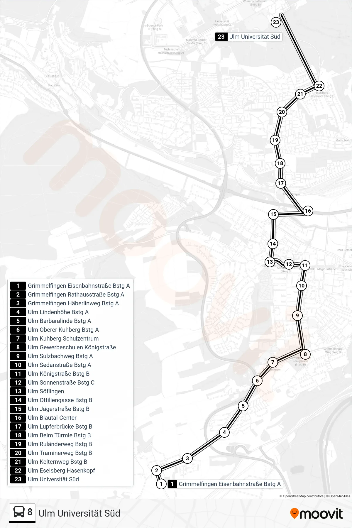 8 bus Line (Ulm Universität Süd) route and stops on a map
