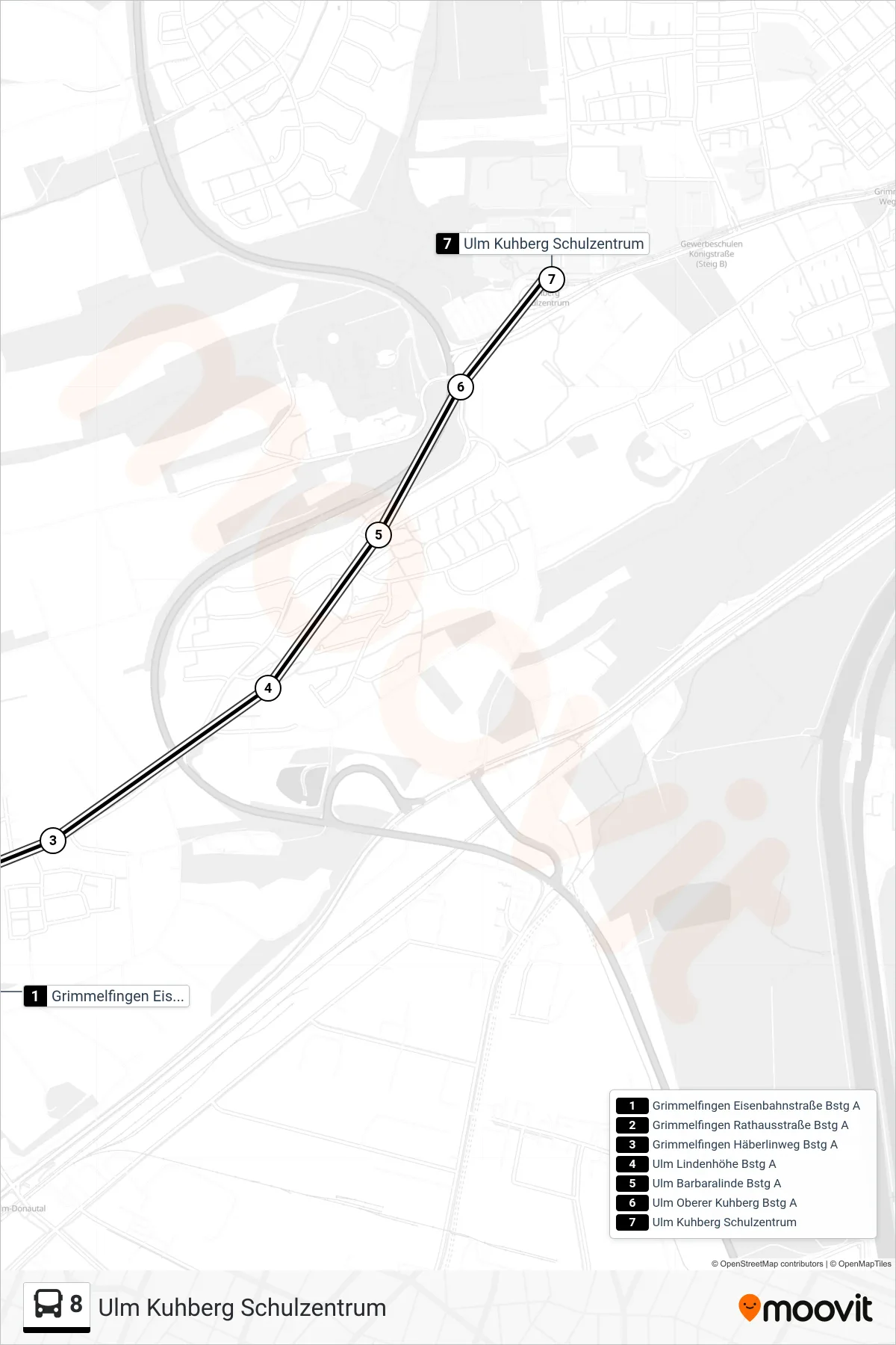 Linie 8 (Bus) Richtung Ulm Kuhberg Schulzentrum: Route und Haltestellen auf der Karte