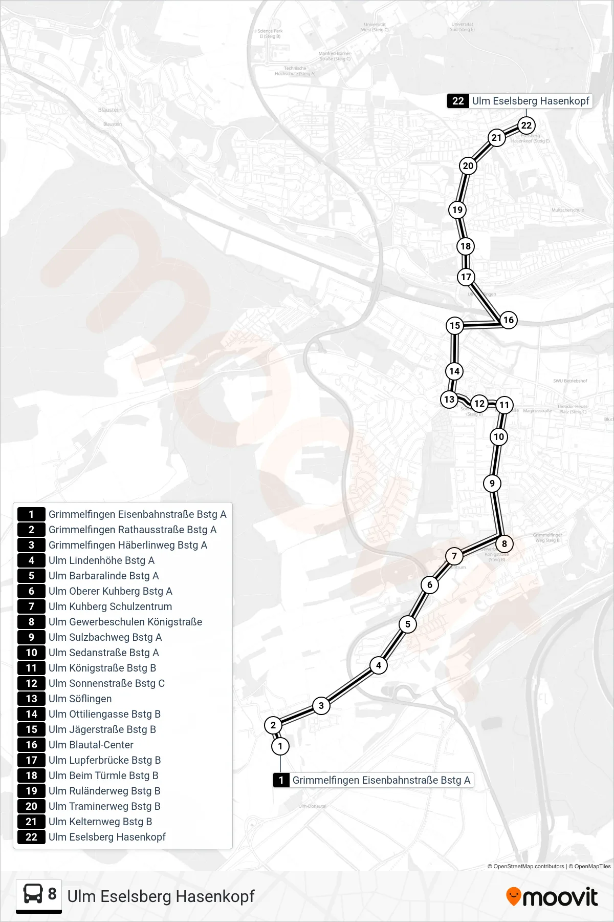 8 bus Line (Ulm Eselsberg Hasenkopf) route and stops on a map