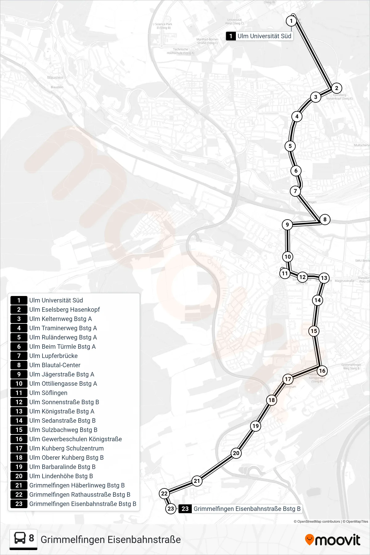 8 bus Line (Grimmelfingen Eisenbahnstraße) route and stops on a map