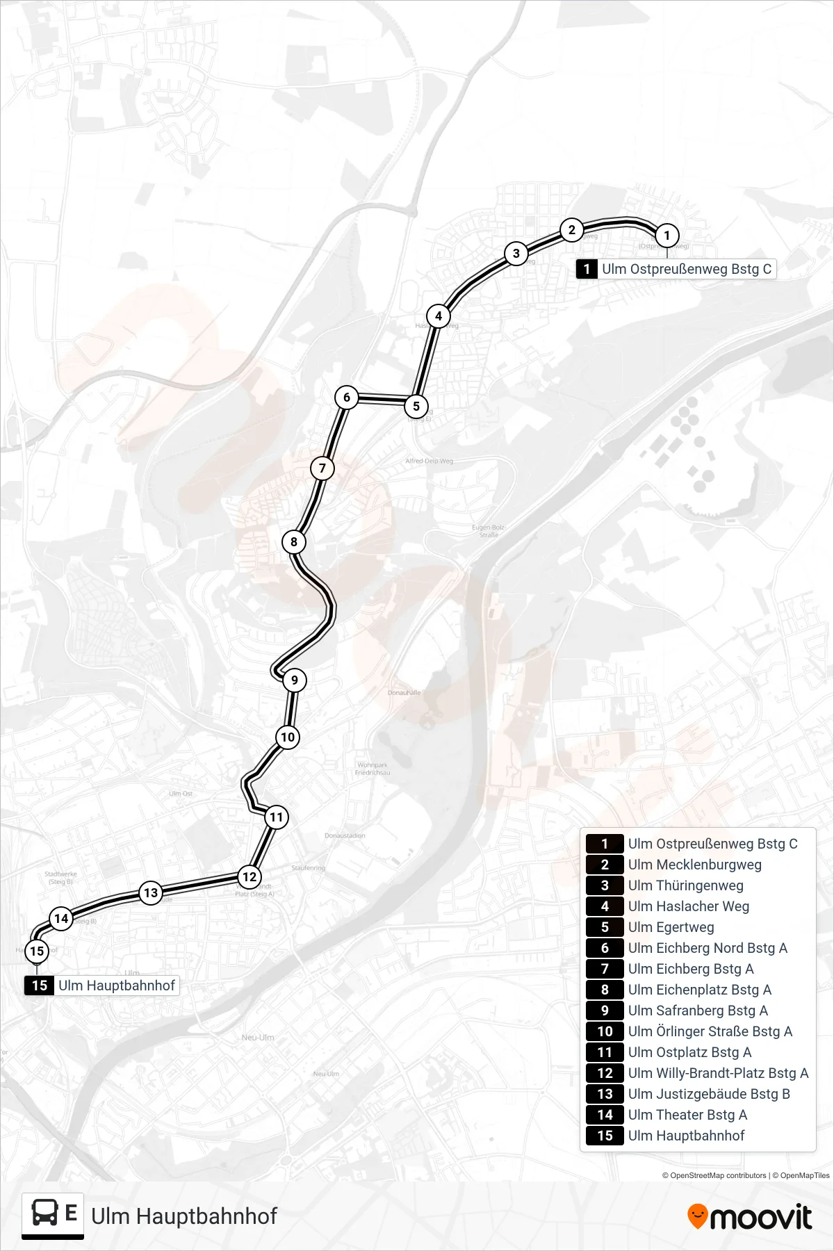 Linie E (Bus) Richtung Ulm Hauptbahnhof: Route und Haltestellen auf der Karte