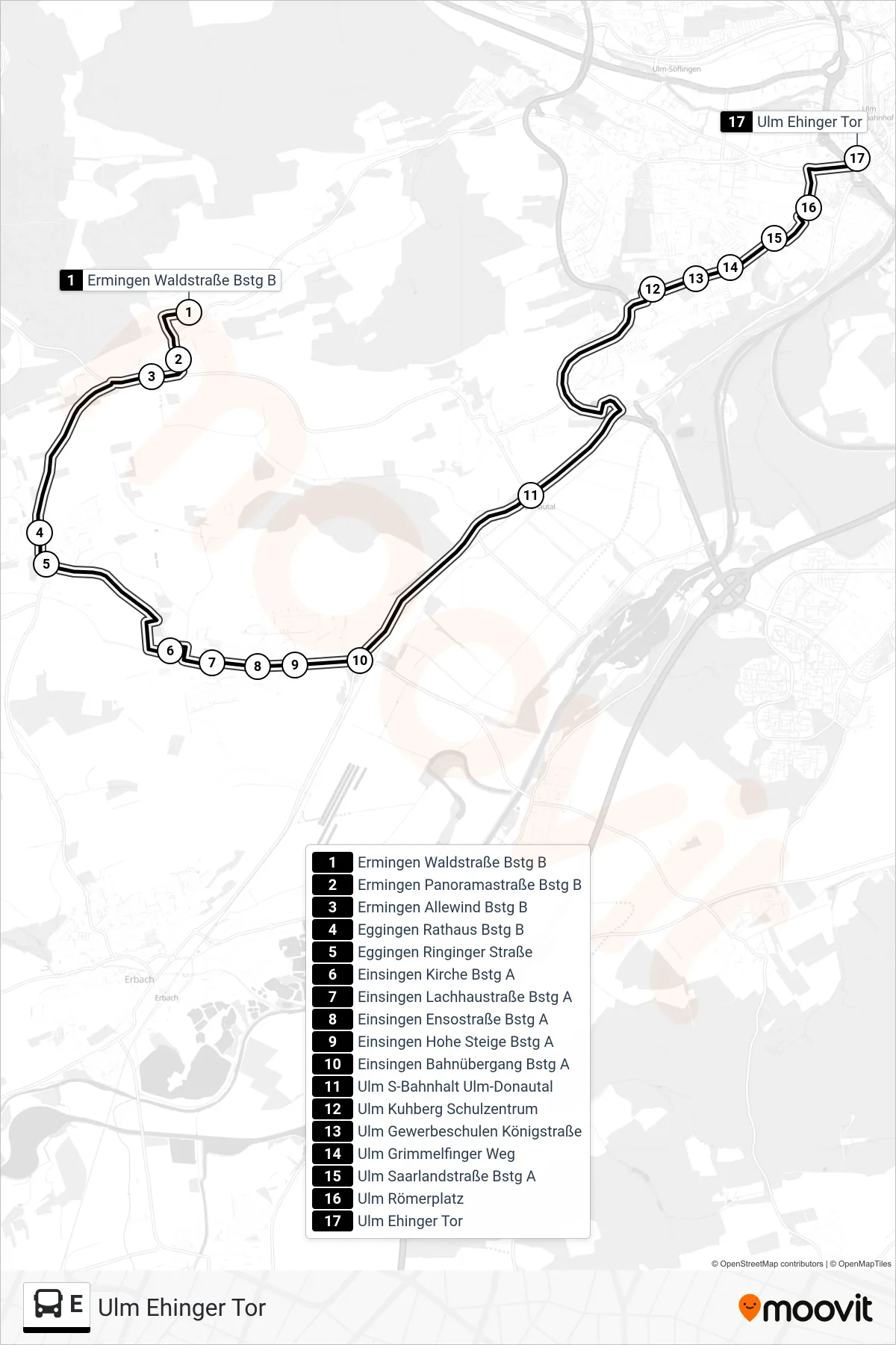 Linie E (Bus) Richtung Ulm Ehinger Tor: Route und Haltestellen auf der Karte