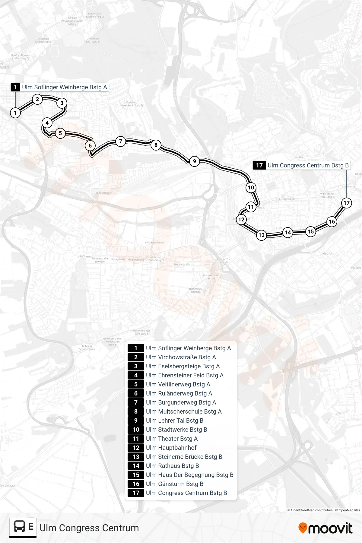 Linie E (Bus) Richtung Ulm Congress Centrum: Route und Haltestellen auf der Karte