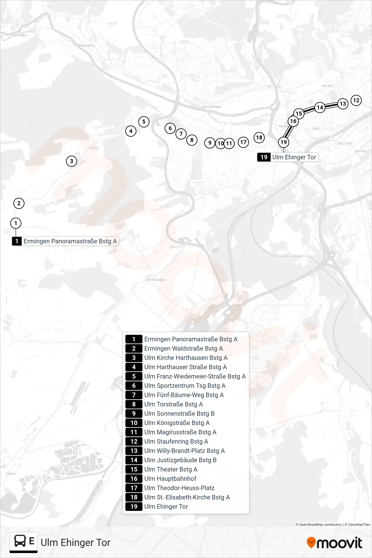 Linie E (Bus) Richtung Ulm Ehinger Tor: Route und Haltestellen auf der Karte