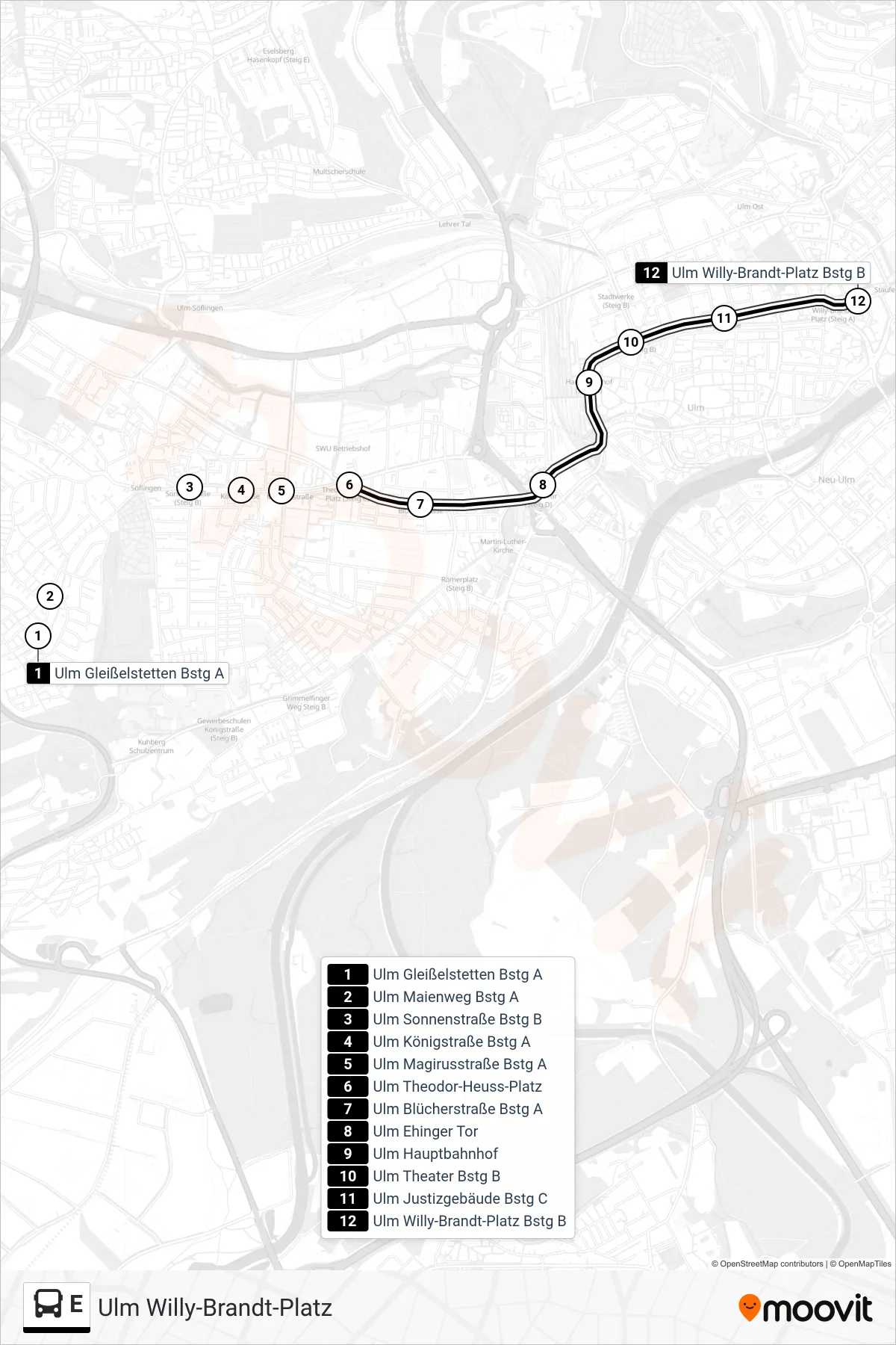 Linie E (Bus) Richtung Ulm Willy-Brandt-Platz: Route und Haltestellen auf der Karte