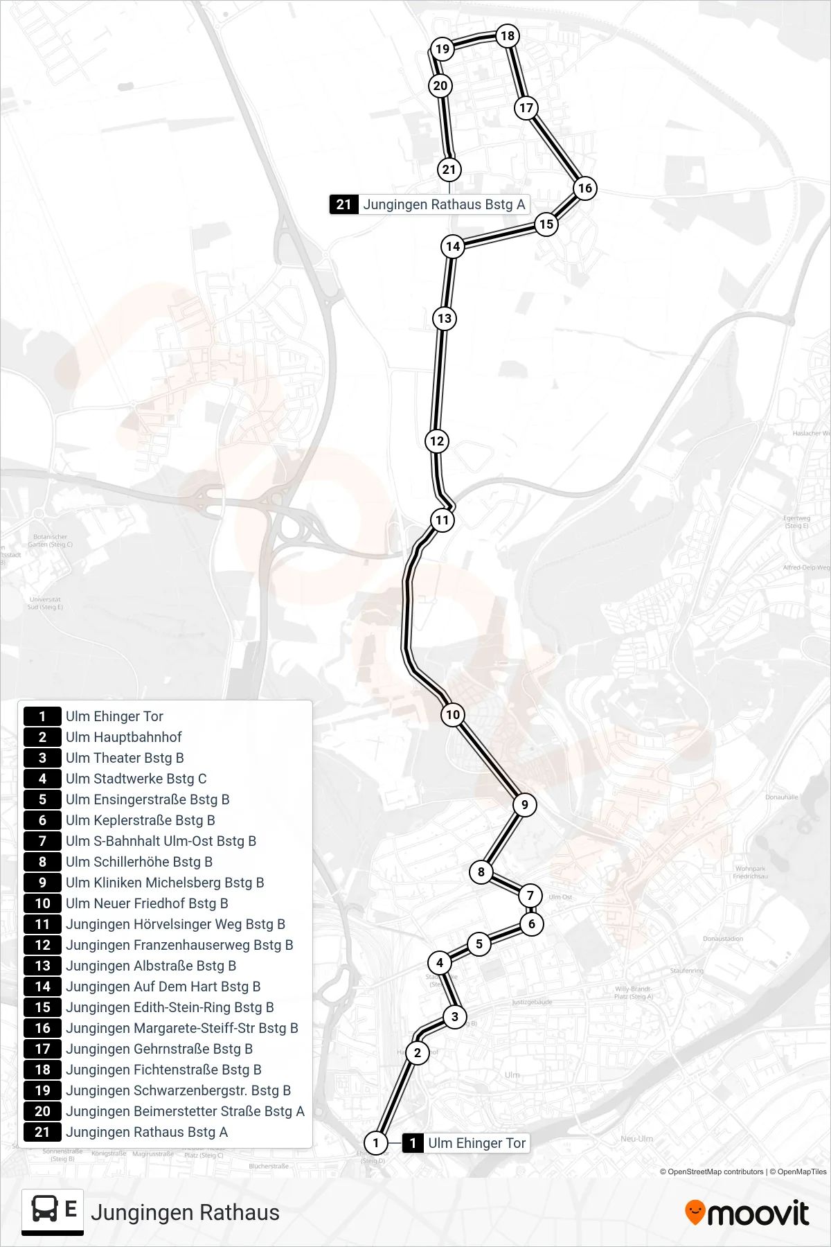 E bus Line (Jungingen Rathaus) route and stops on a map