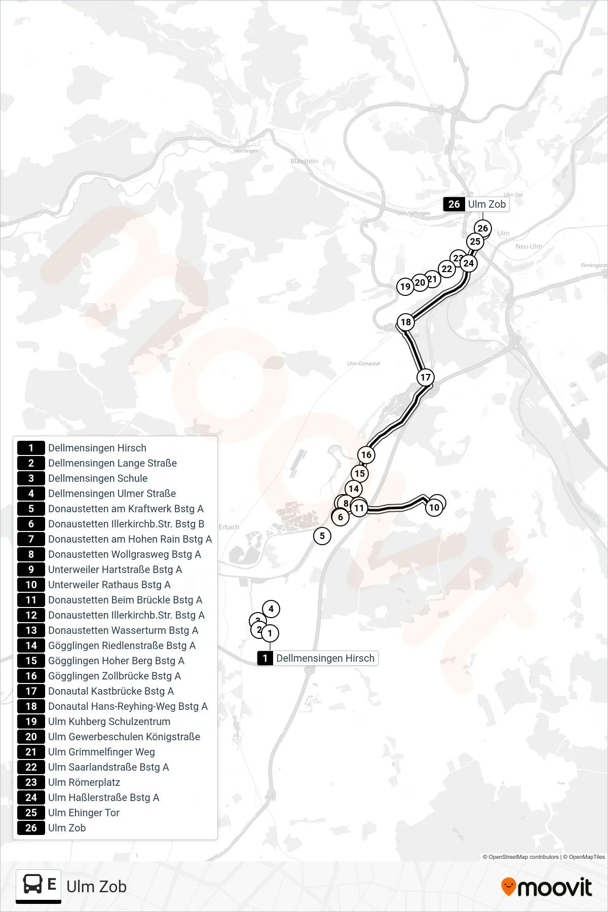 Linie E (Bus) Richtung Ulm Zob: Route und Haltestellen auf der Karte