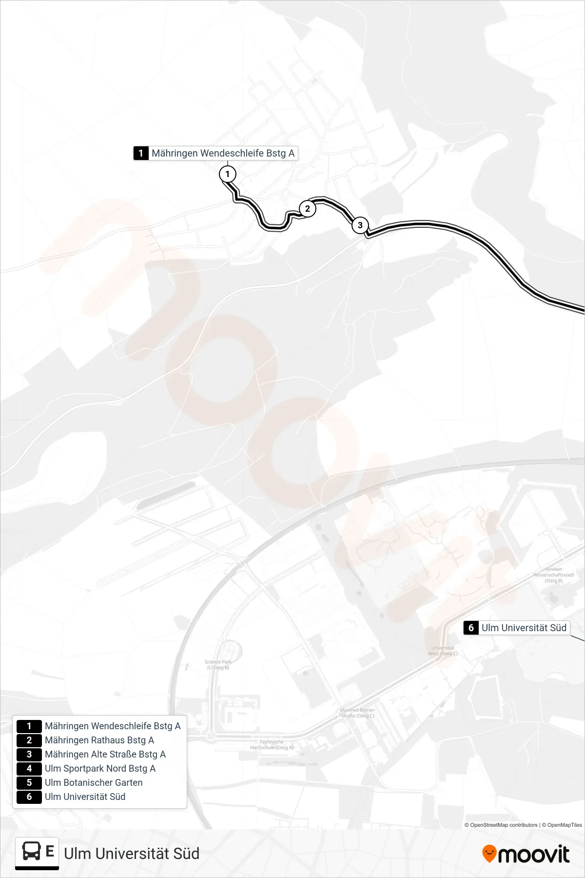 Linie E (Bus) Richtung Ulm Universität Süd: Route und Haltestellen auf der Karte