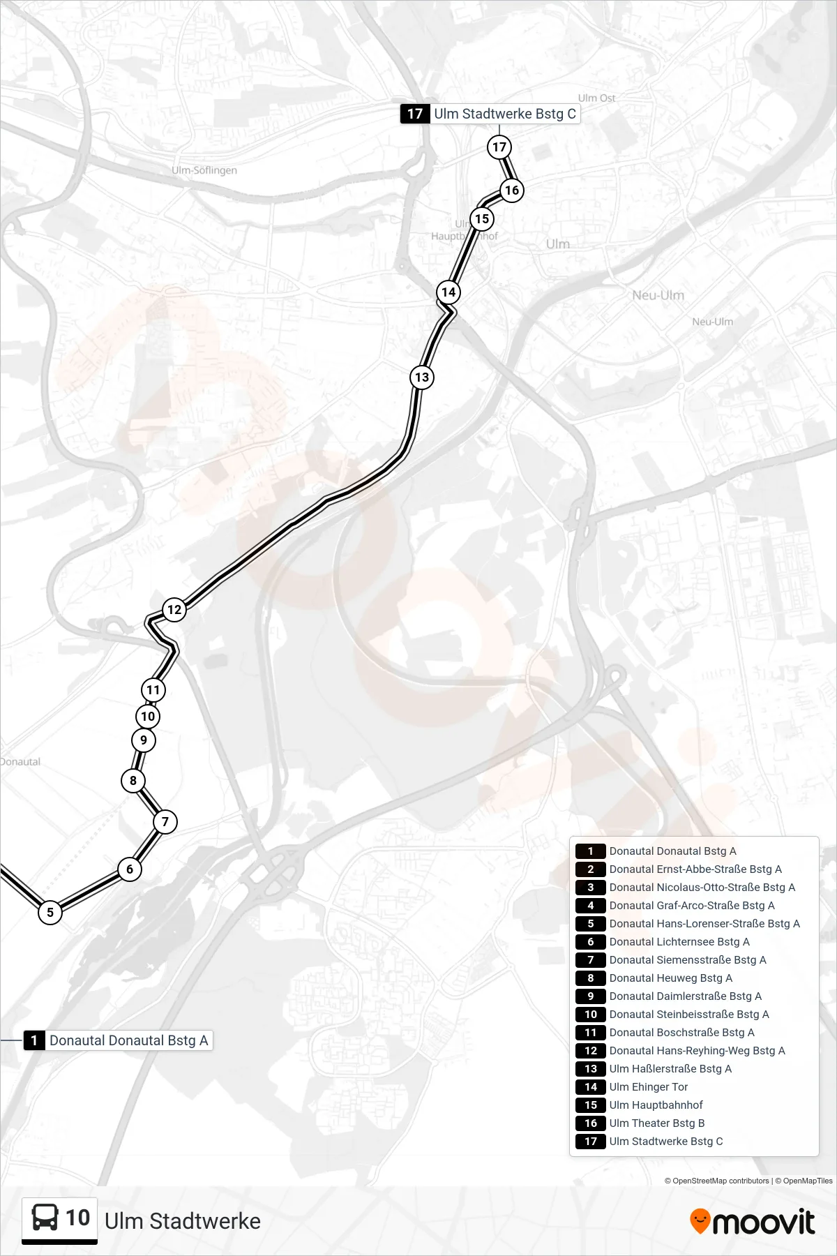 10 bus Line (Ulm Stadtwerke) route and stops on a map