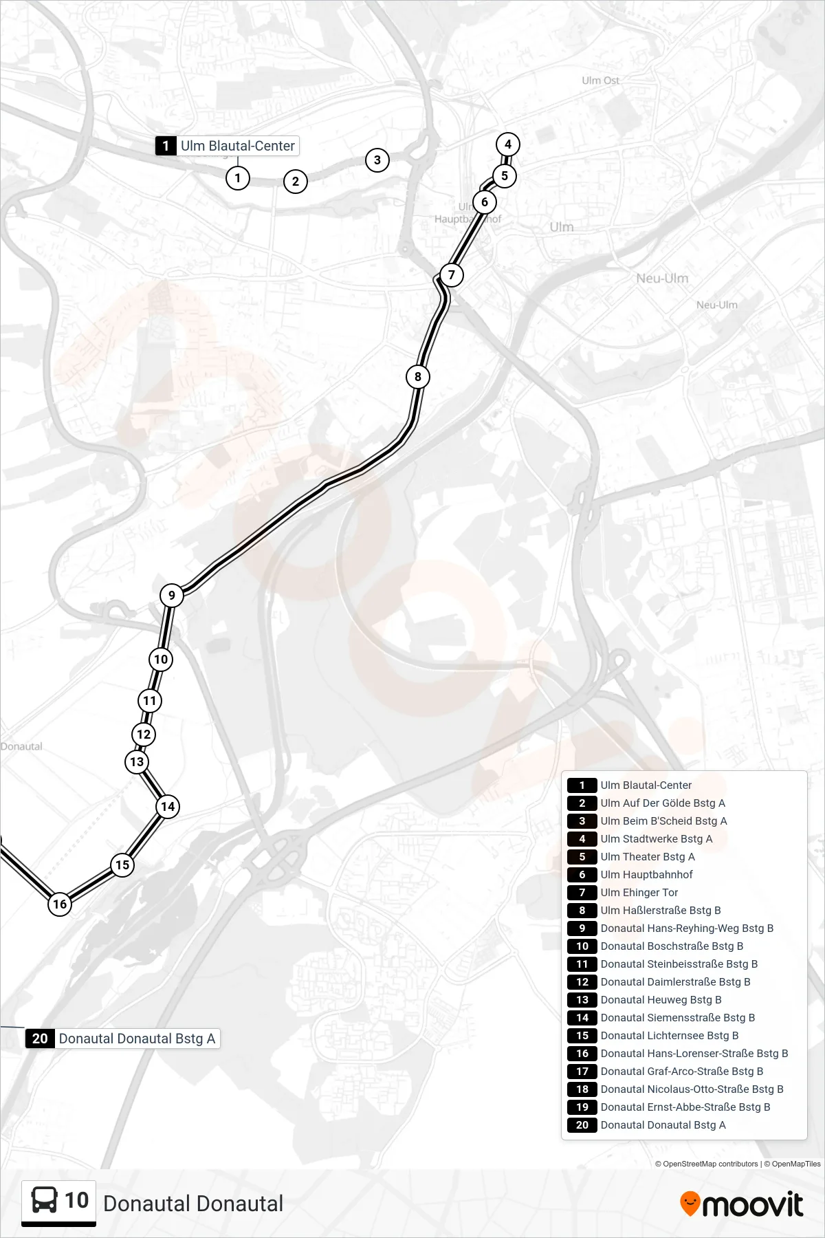 10 bus Line (Donautal Donautal) route and stops on a map