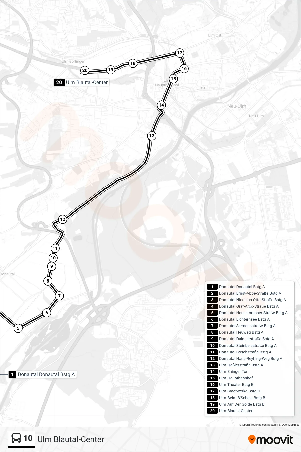 10 bus Line (Ulm Blautal-Center) route and stops on a map