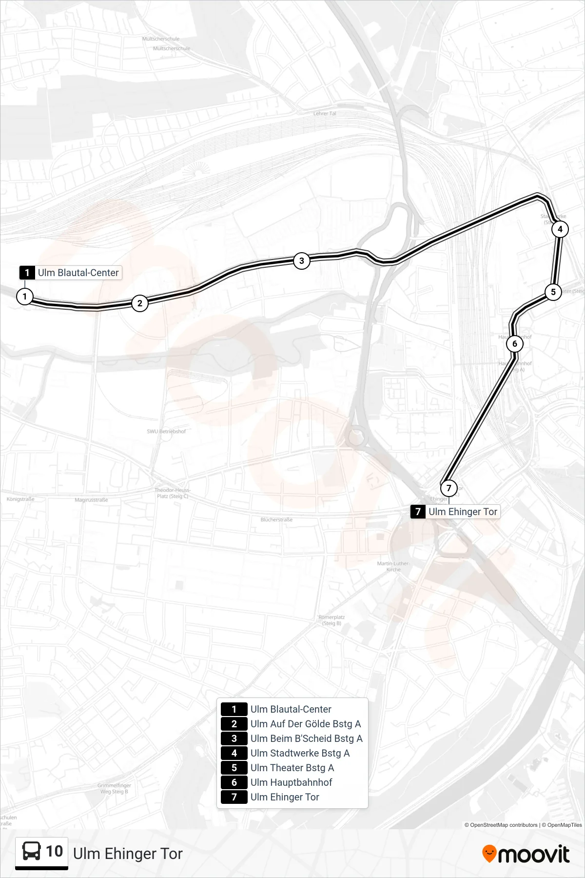 Linie 10 (Bus) Richtung Ulm Ehinger Tor: Route und Haltestellen auf der Karte