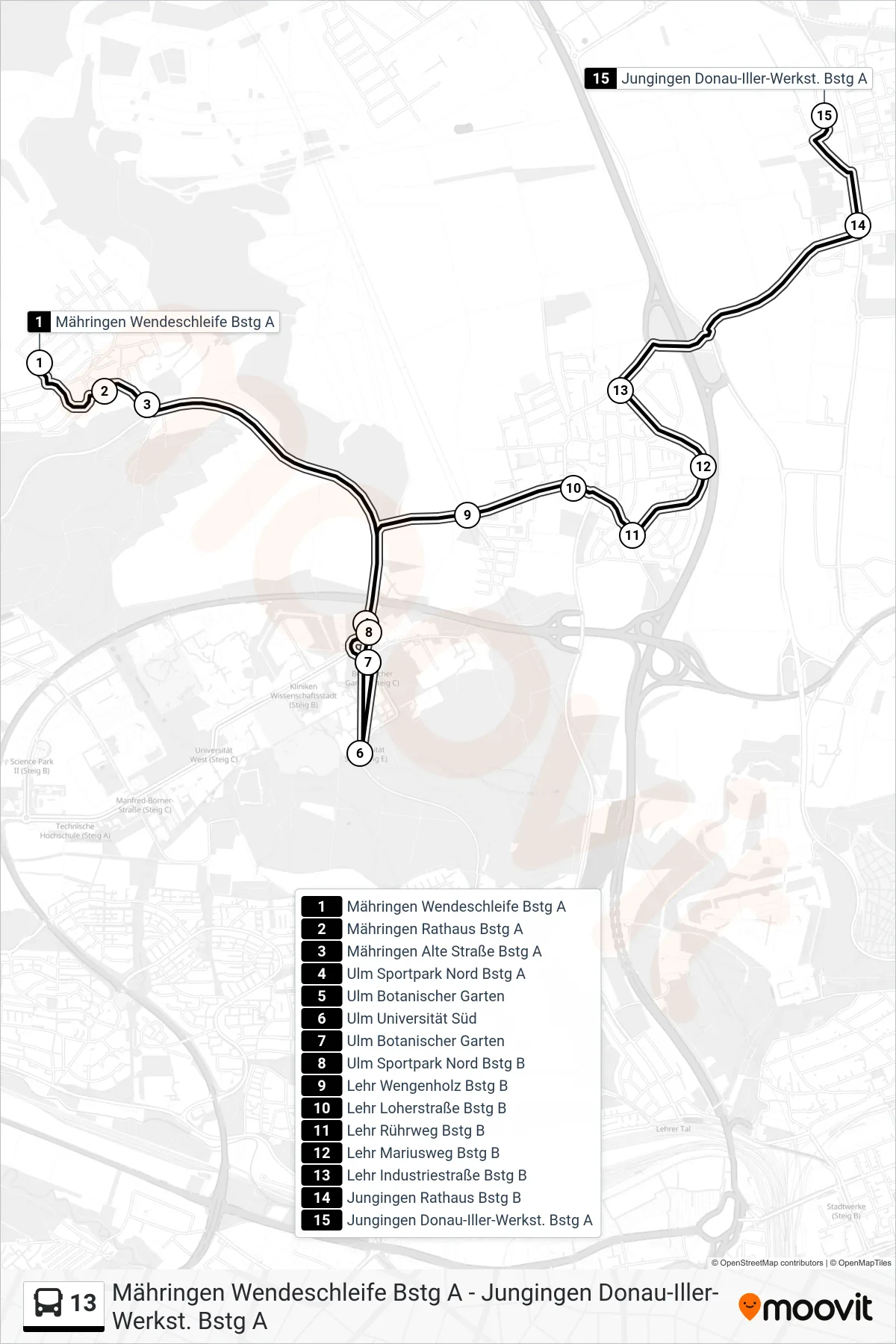 13 bus Line (Jungingen Donau-Iller-Werkst.) route and stops on a map