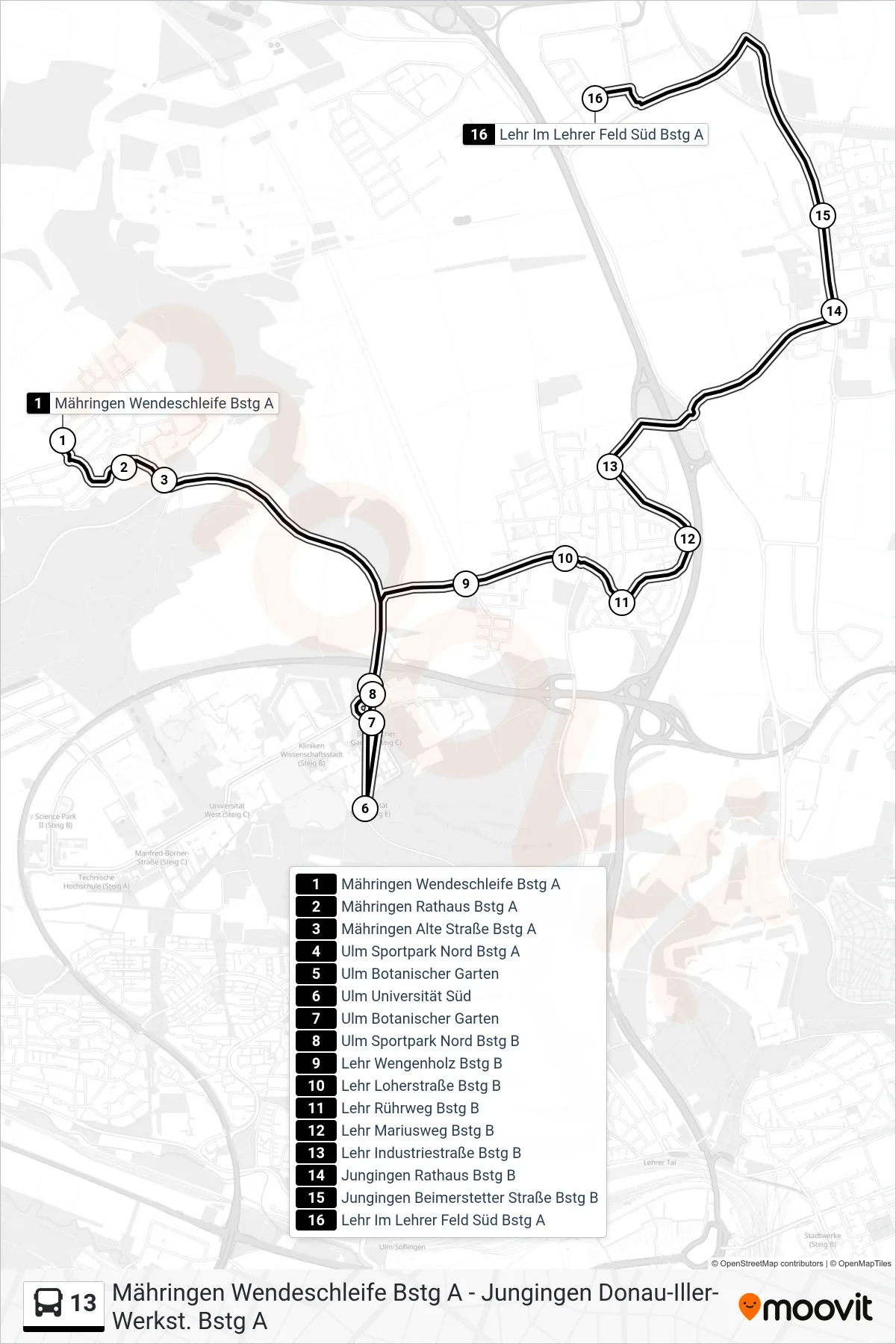 13 bus Line (Lehr Im Lehrer Feld Süd) route and stops on a map