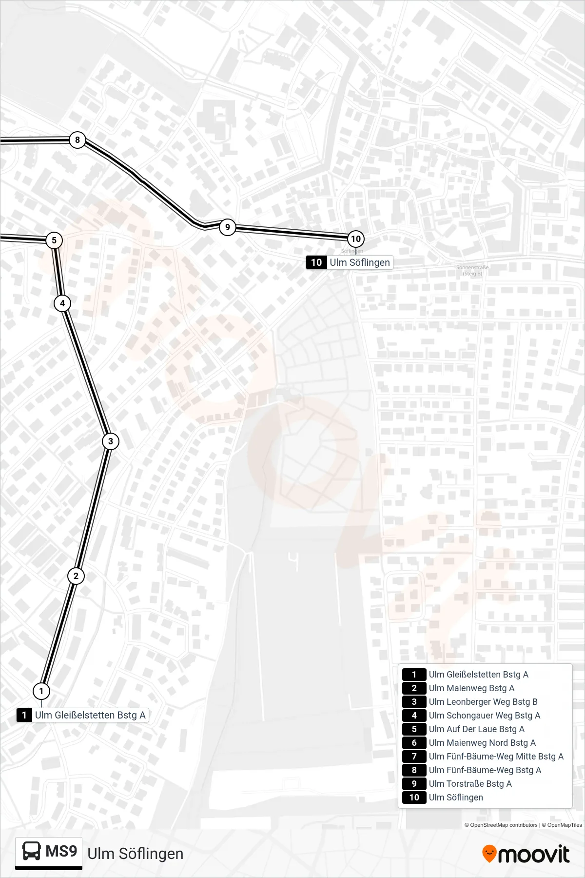 MS9 bus Line (Ulm Söflingen) route and stops on a map