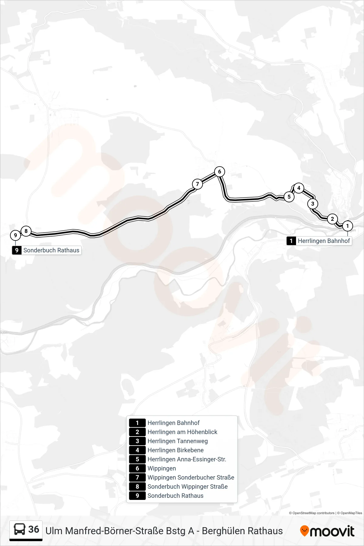 36 bus Line (Sonderbuch Rathaus) route and stops on a map
