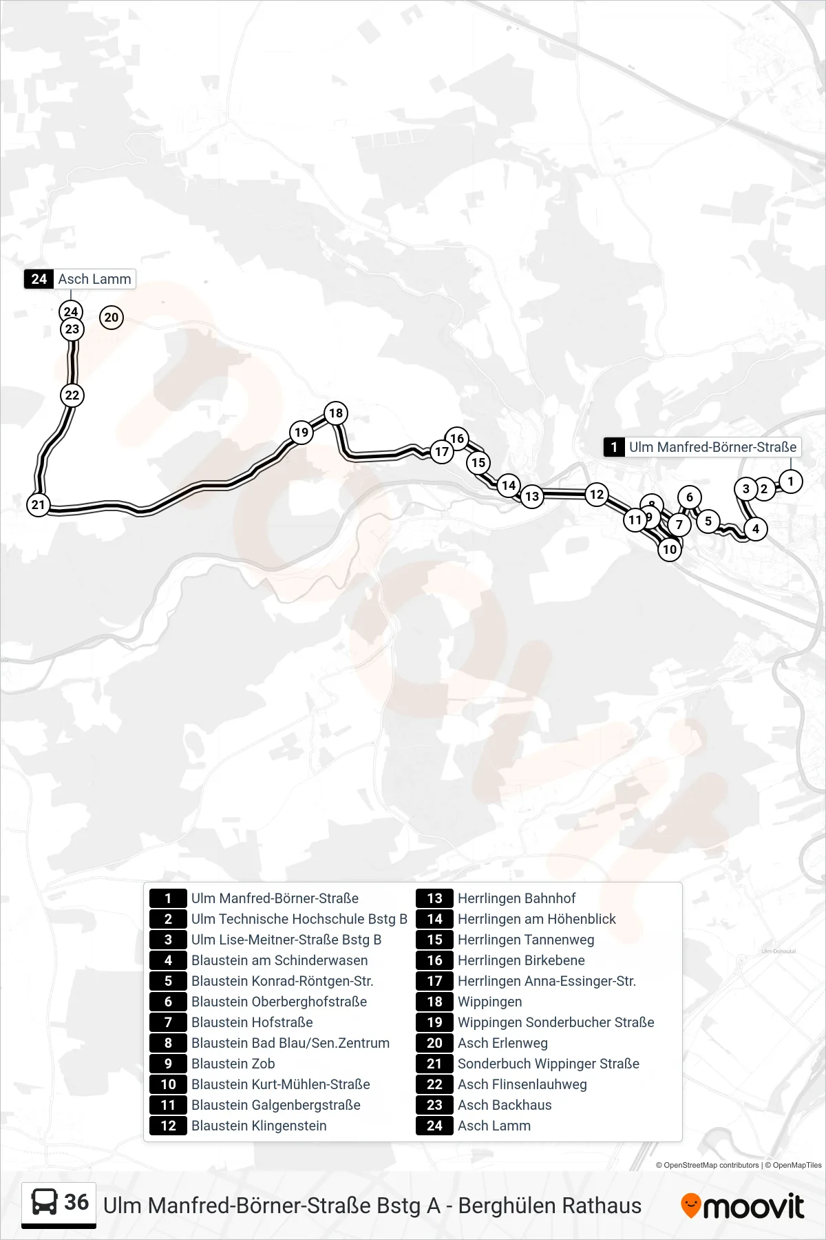 36 bus Line (Asch Lamm) route and stops on a map