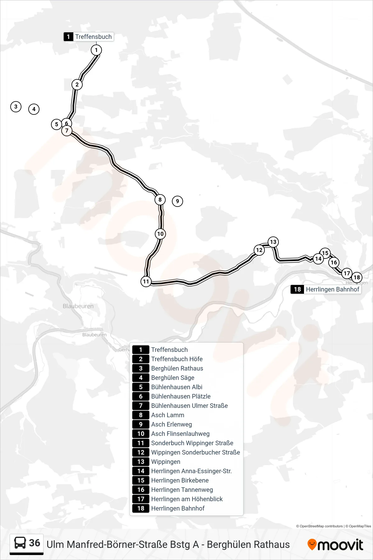 36 bus Line (Herrlingen Bahnhof) route and stops on a map