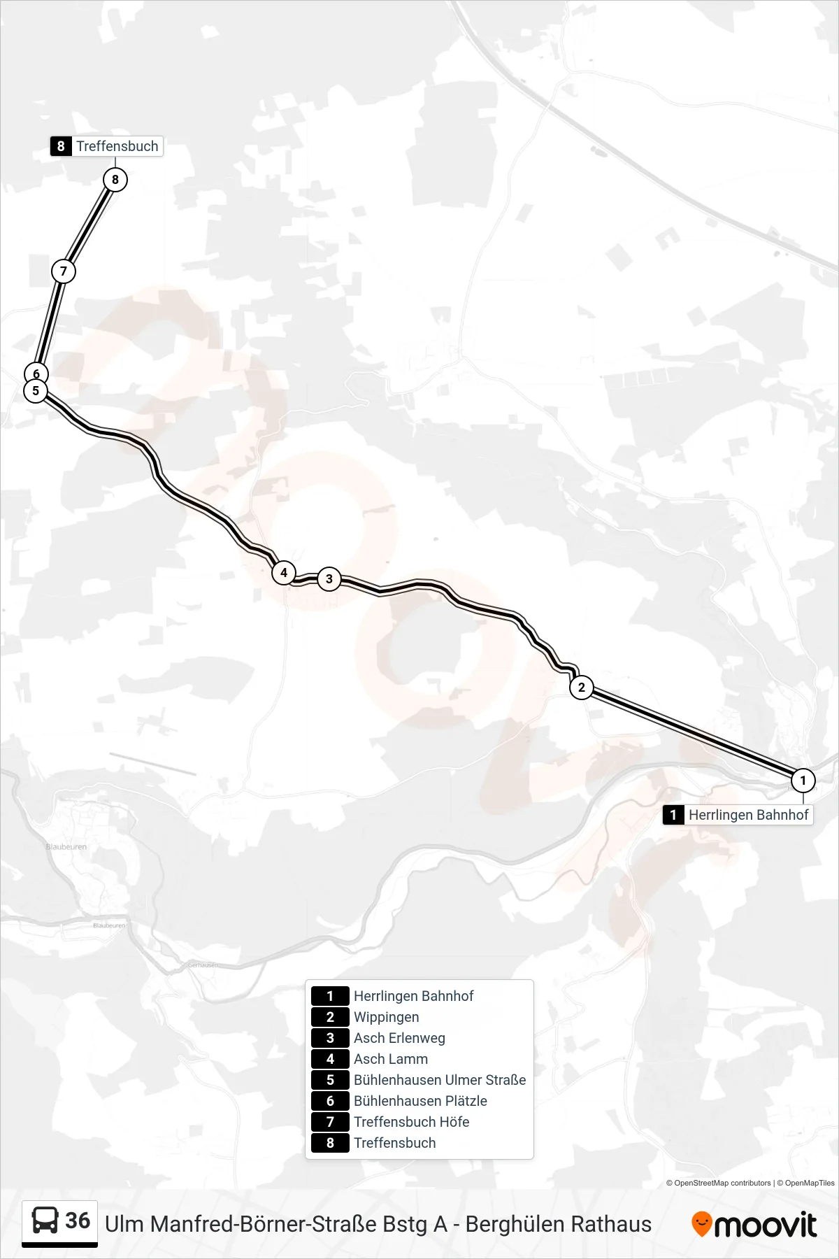 36 bus Line (Treffensbuch) route and stops on a map