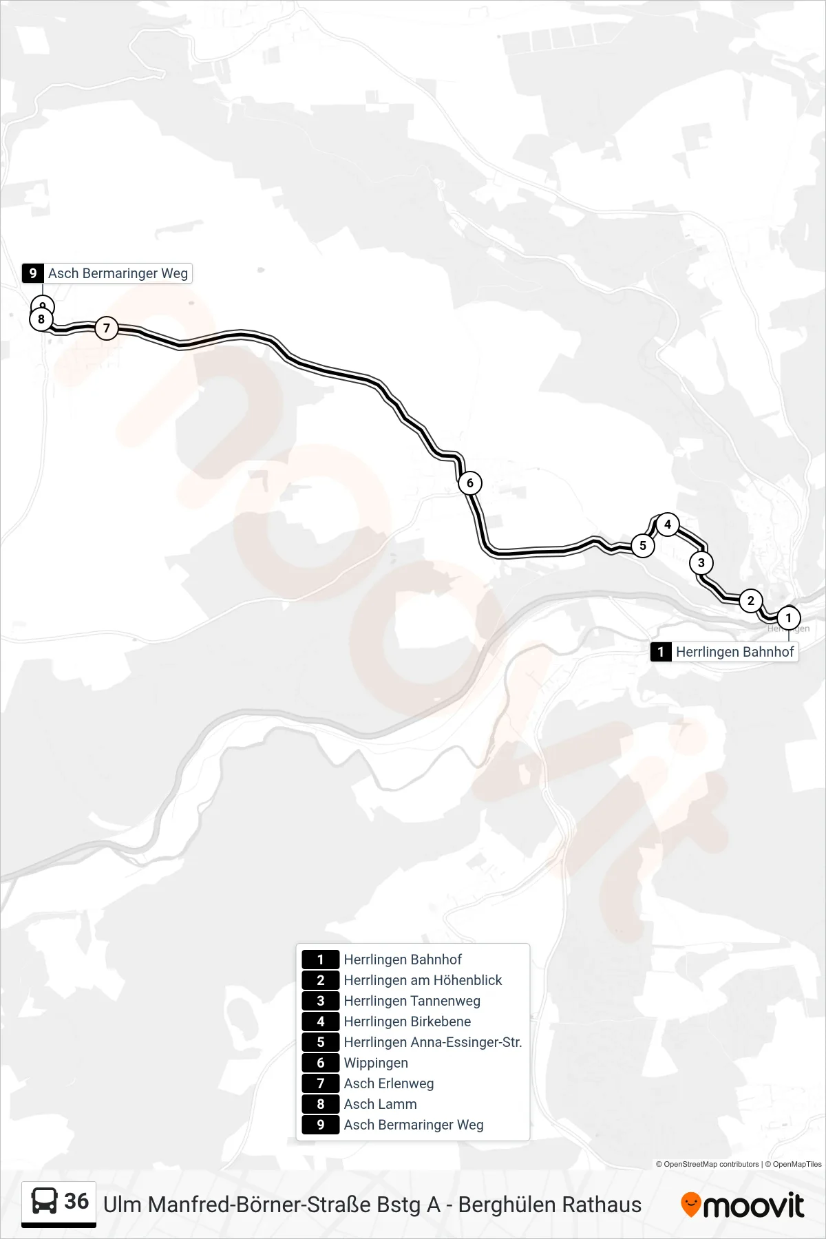 36 bus Line (Asch Bermaringer Weg) route and stops on a map