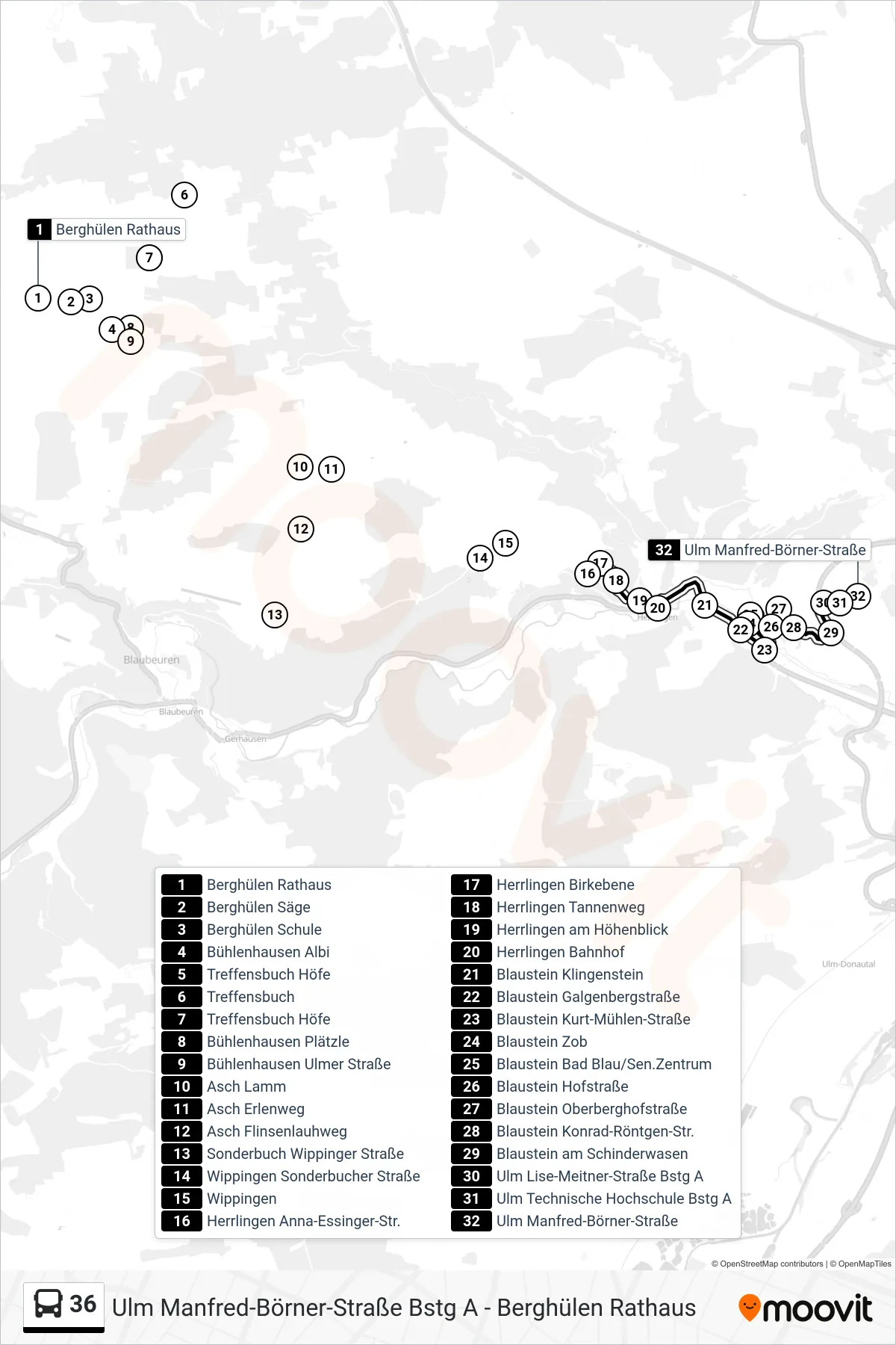 36 bus Line (Ulm Manfred-Börner-Straße) route and stops on a map