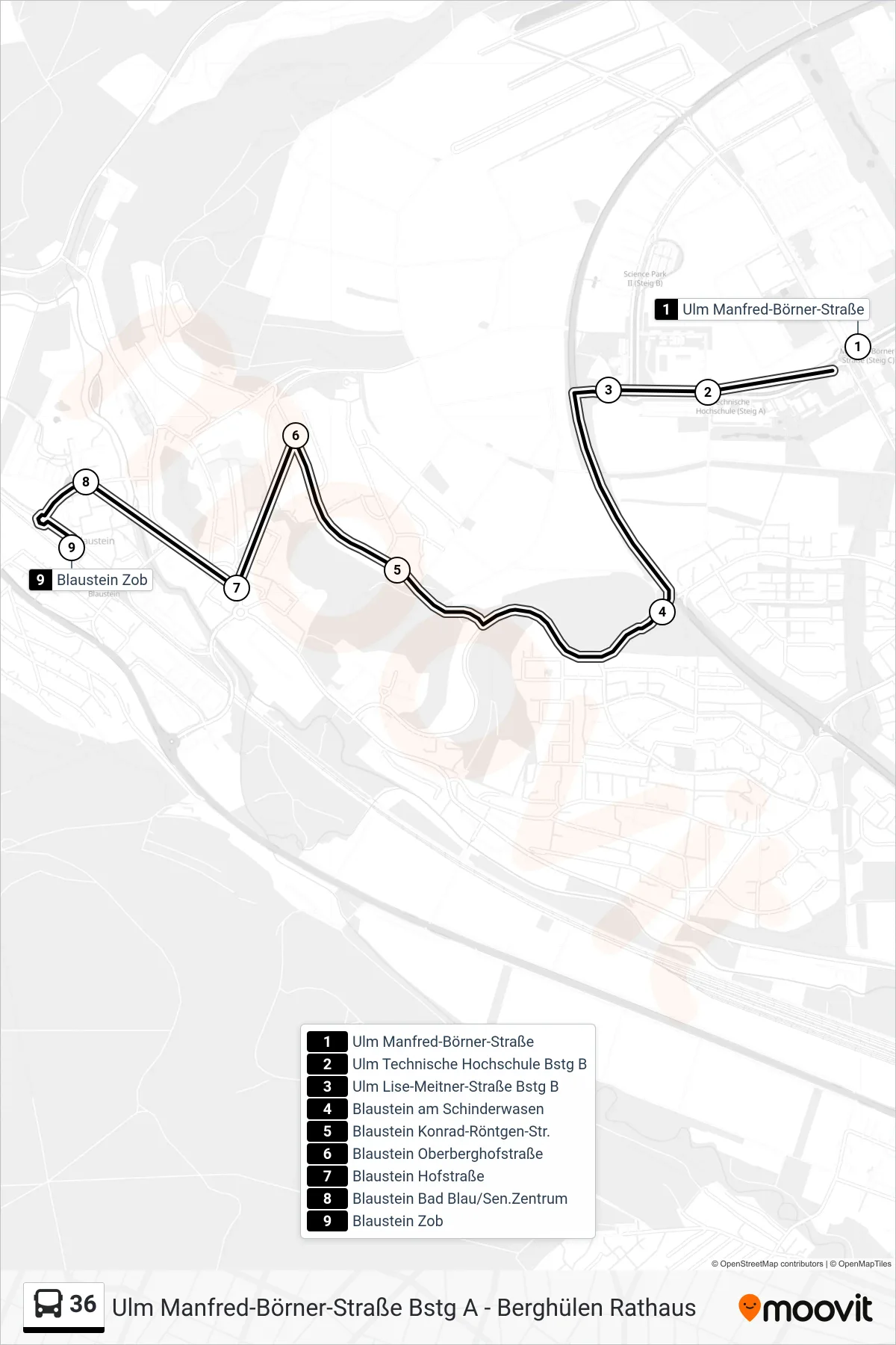 36 bus Line (Blaustein Zob) route and stops on a map