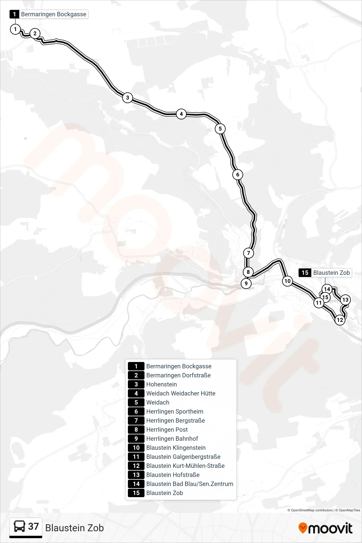 37 bus Line (Blaustein Zob) route and stops on a map