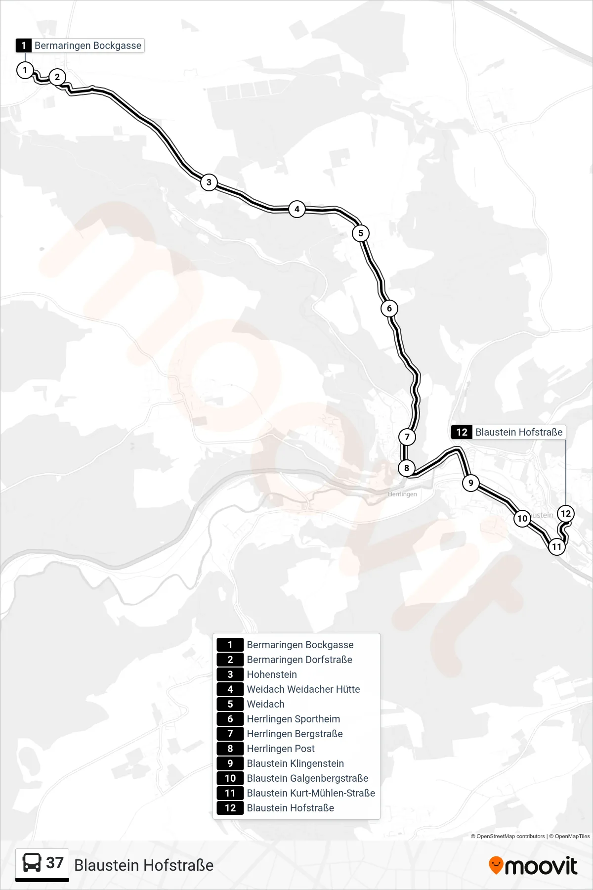 37 bus Line (Blaustein Hofstraße) route and stops on a map