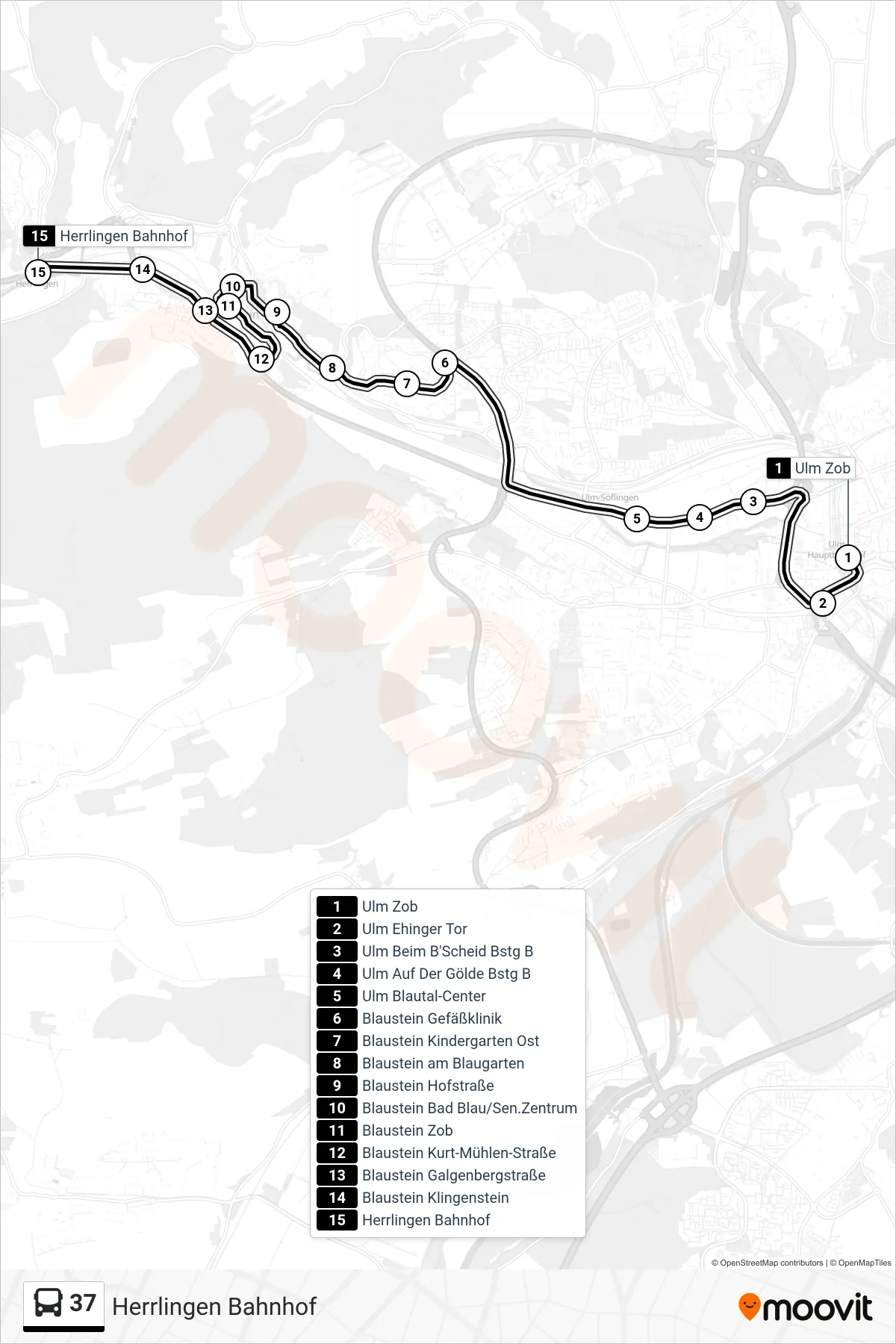 37 bus Line (Herrlingen Bahnhof) route and stops on a map