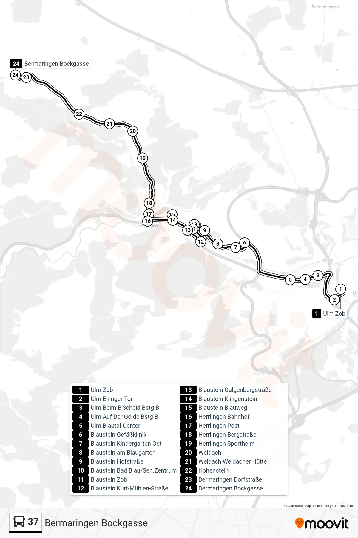 37 bus Line (Bermaringen Bockgasse) route and stops on a map
