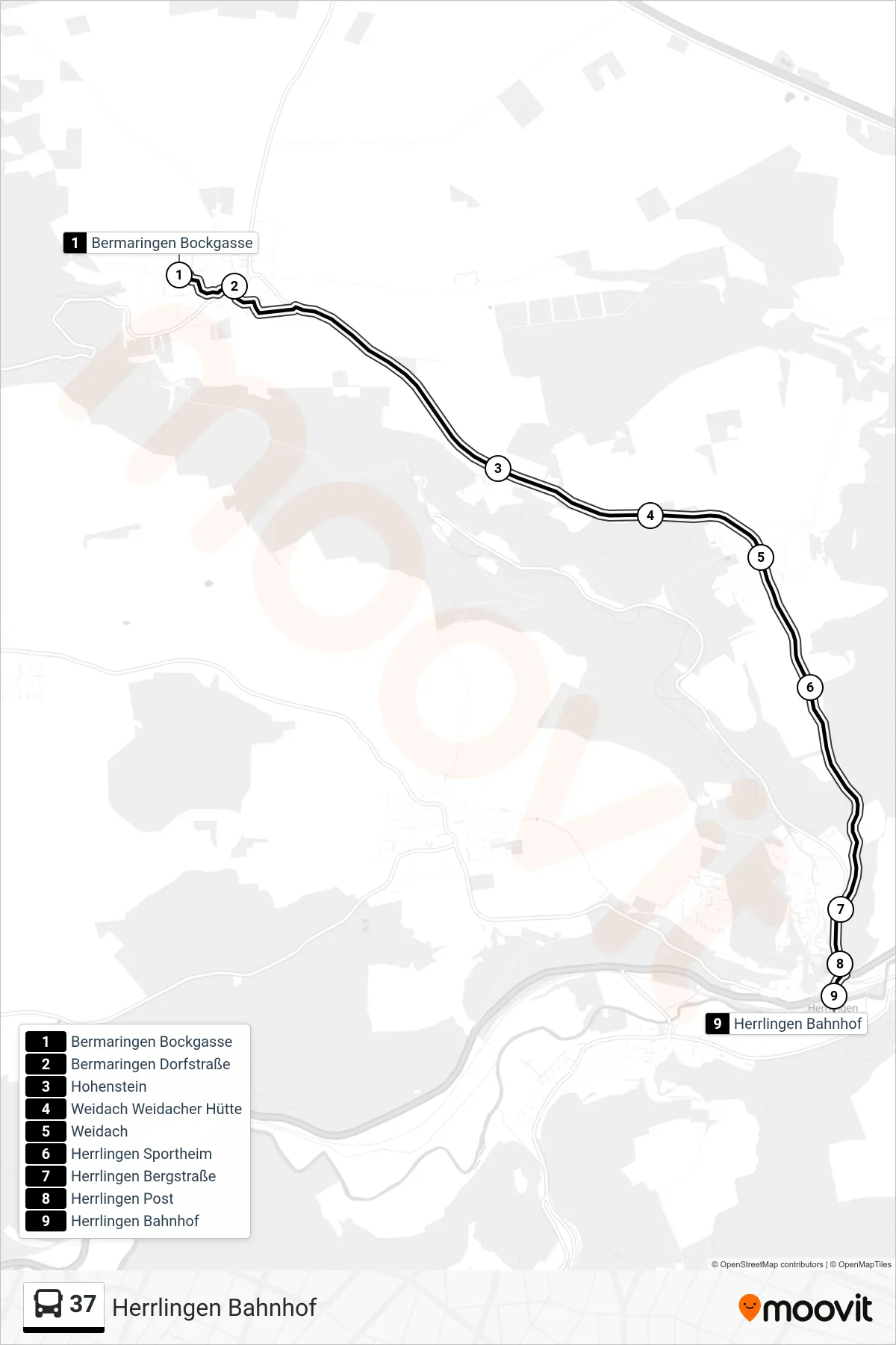 37 bus Line (Herrlingen Bahnhof) route and stops on a map