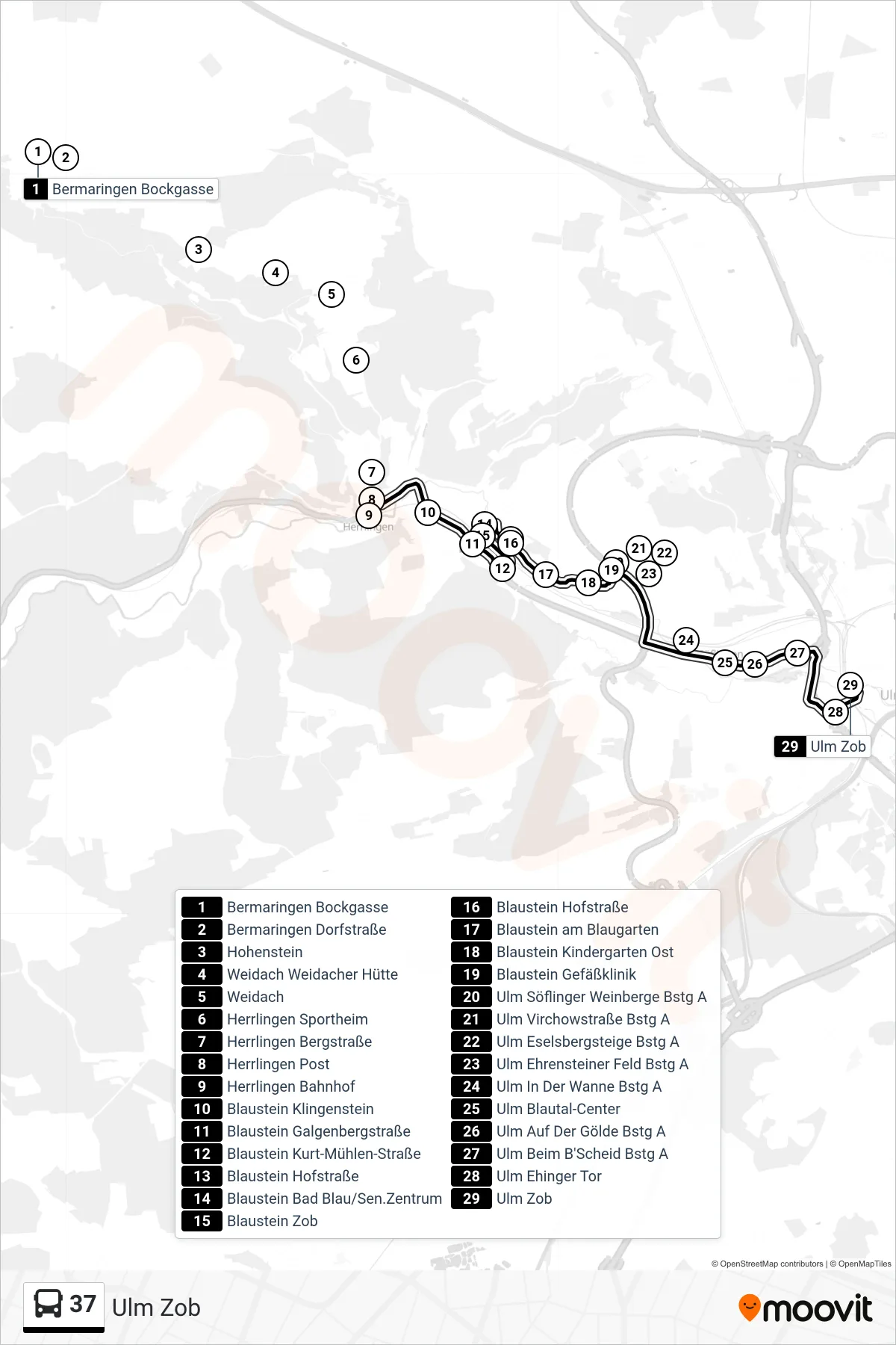 37 bus Line (Ulm Zob) route and stops on a map
