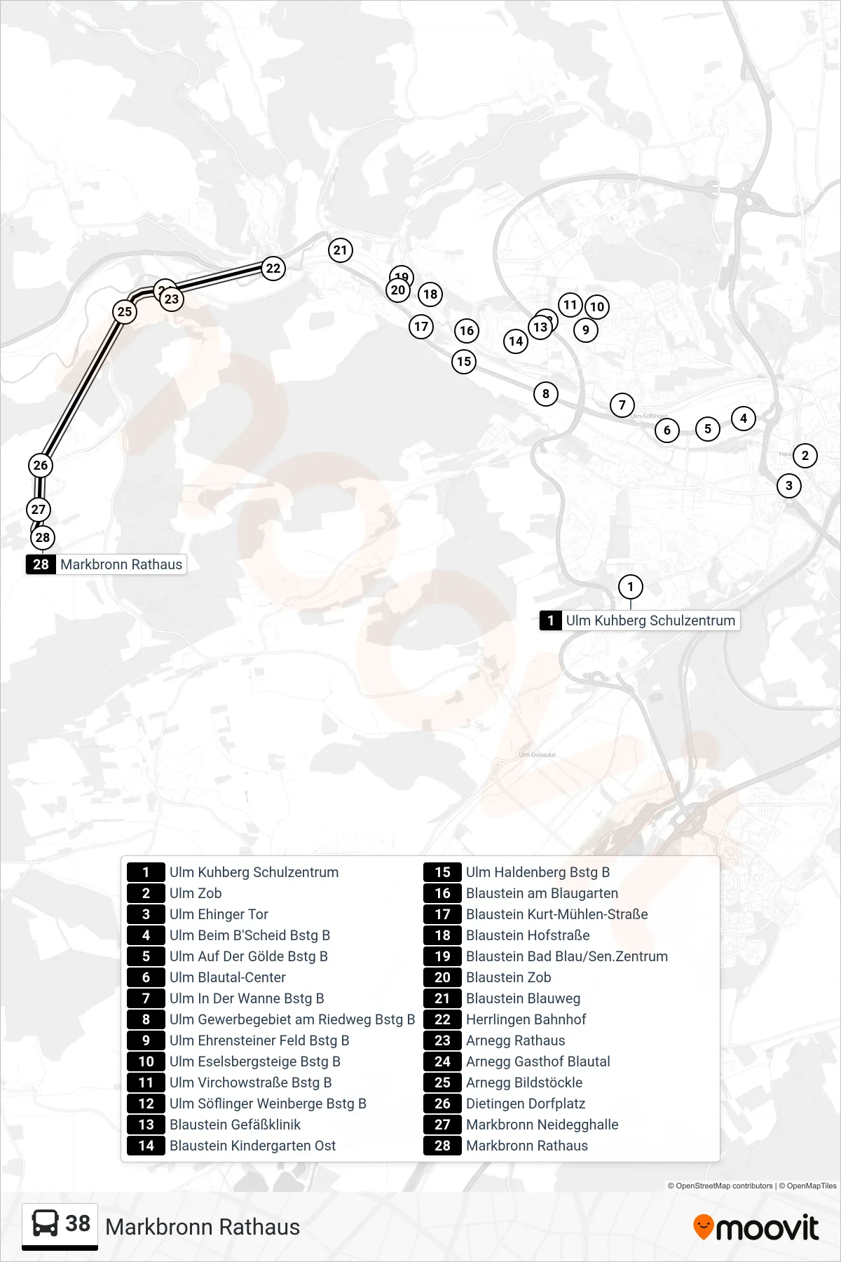 38 bus Line (Markbronn Rathaus) route and stops on a map