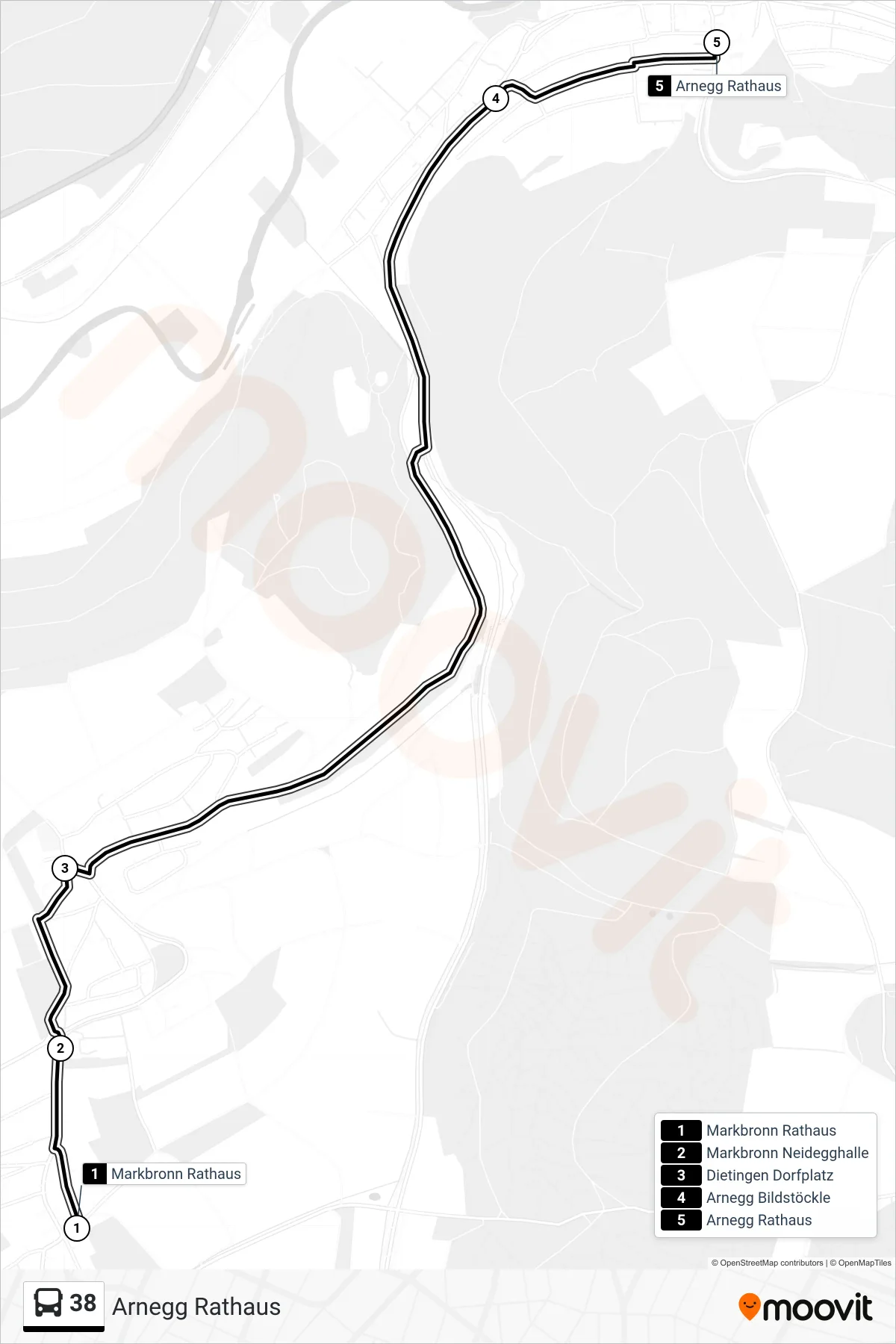 38 bus Line (Arnegg Rathaus) route and stops on a map