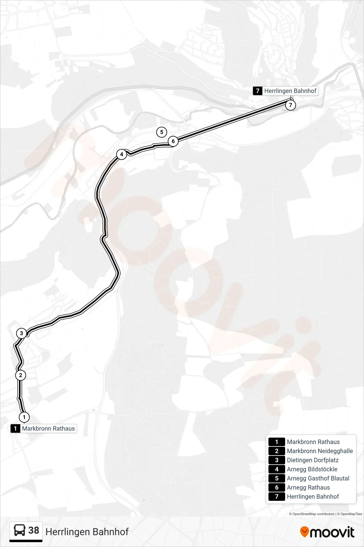 38 bus Line (Herrlingen Bahnhof) route and stops on a map