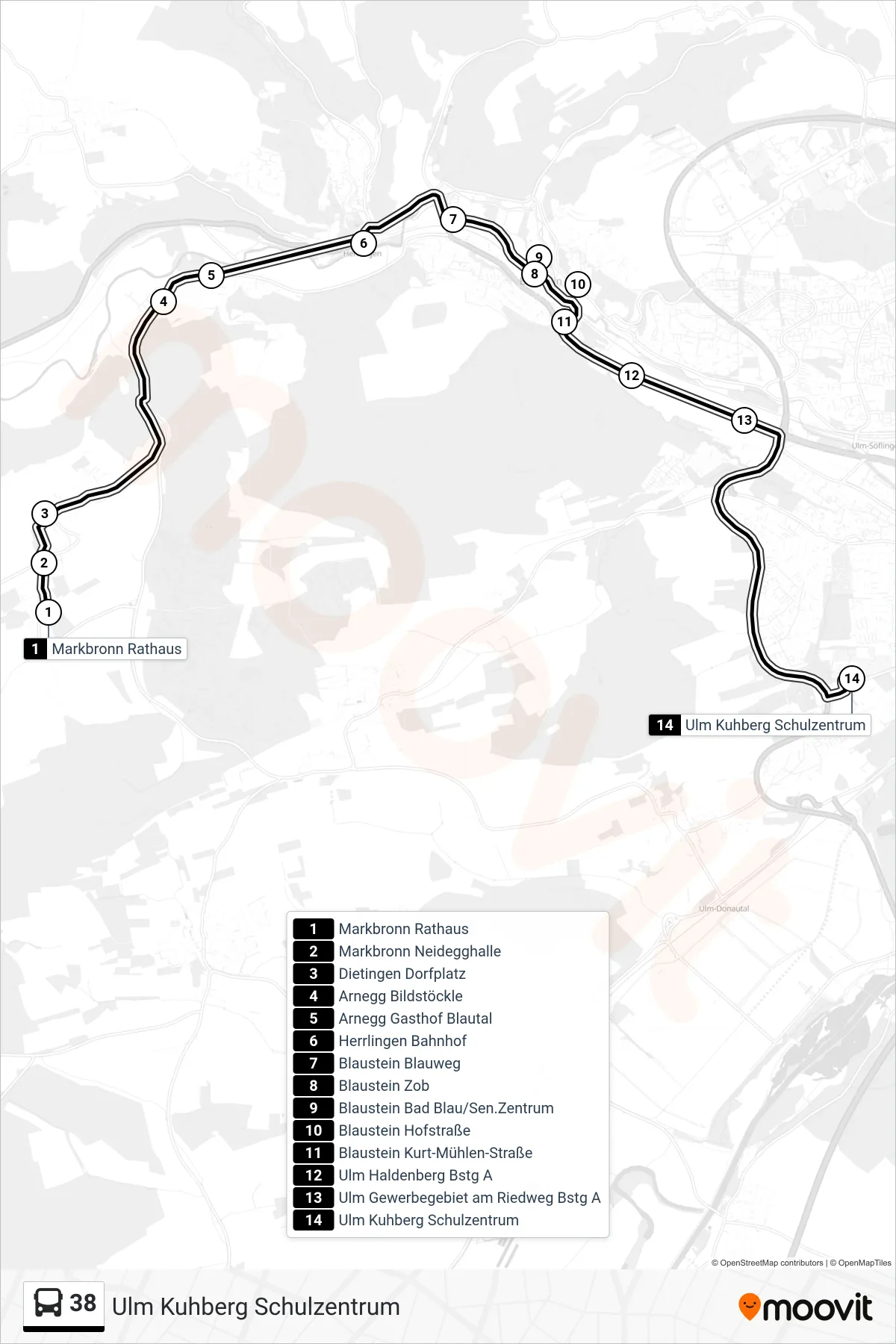 38 bus Line (Ulm Kuhberg Schulzentrum) route and stops on a map