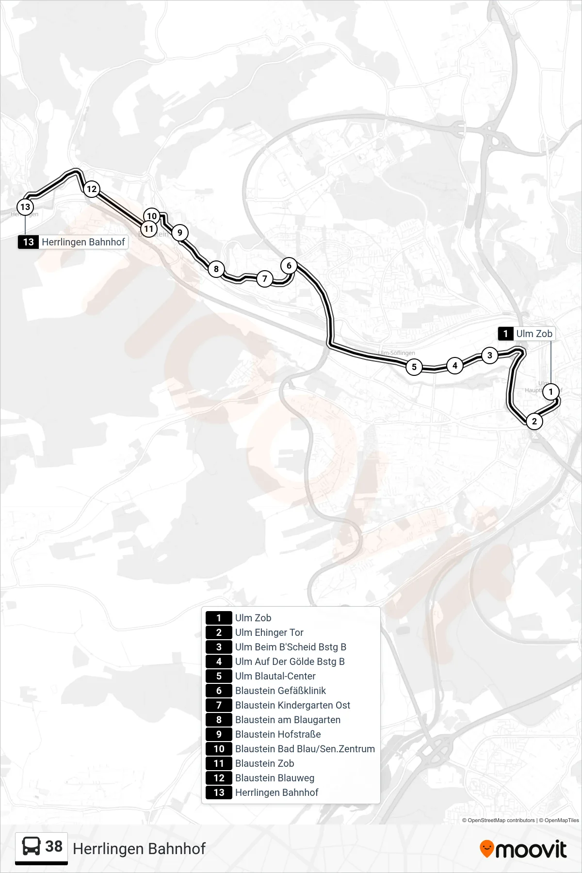 38 bus Line (Herrlingen Bahnhof) route and stops on a map