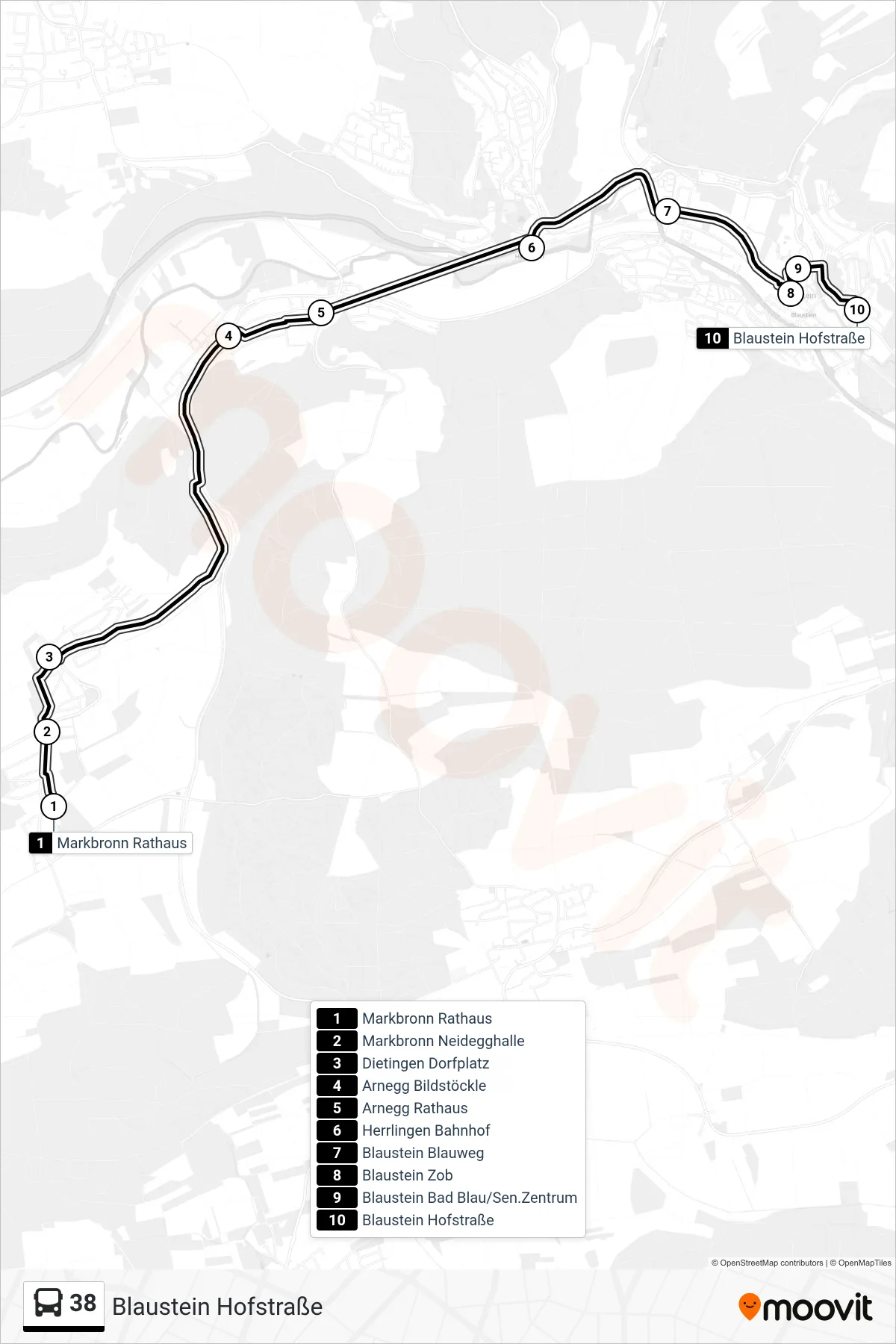 Linie 38 (Bus) Richtung Blaustein Hofstraße: Route und Haltestellen auf der Karte