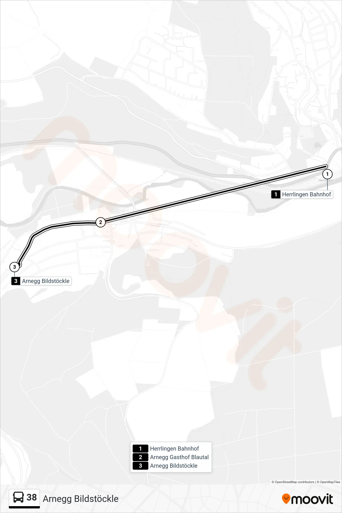 38 bus Line (Arnegg Bildstöckle) route and stops on a map