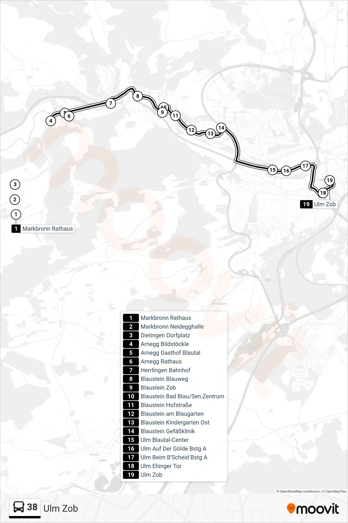 38 bus Line (Ulm Zob) route and stops on a map