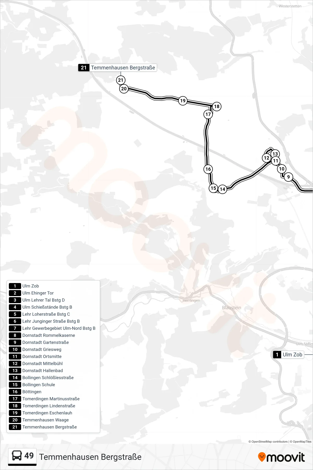 49 bus Line (Temmenhausen Bergstraße) route and stops on a map
