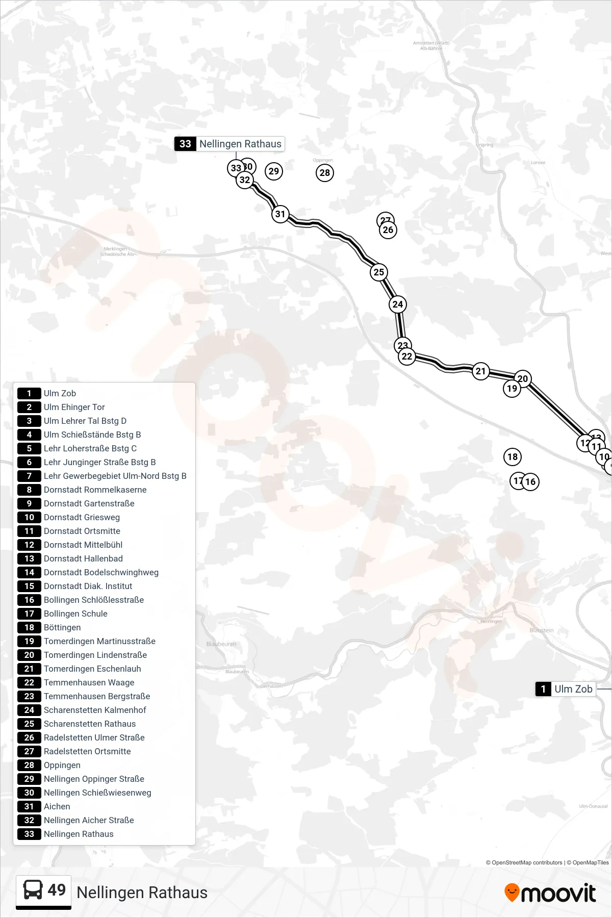 49 bus Line (Nellingen Rathaus) route and stops on a map