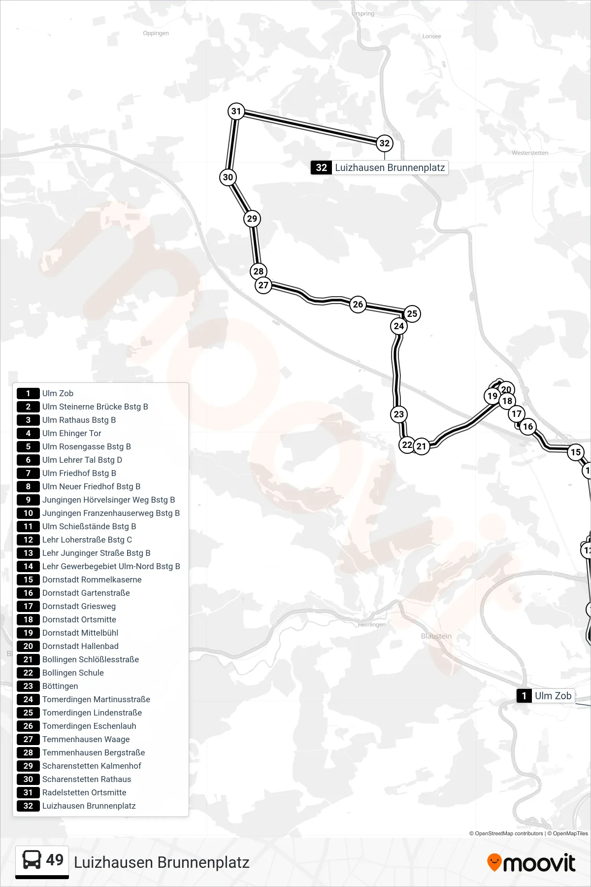 49 bus Line (Luizhausen Brunnenplatz) route and stops on a map