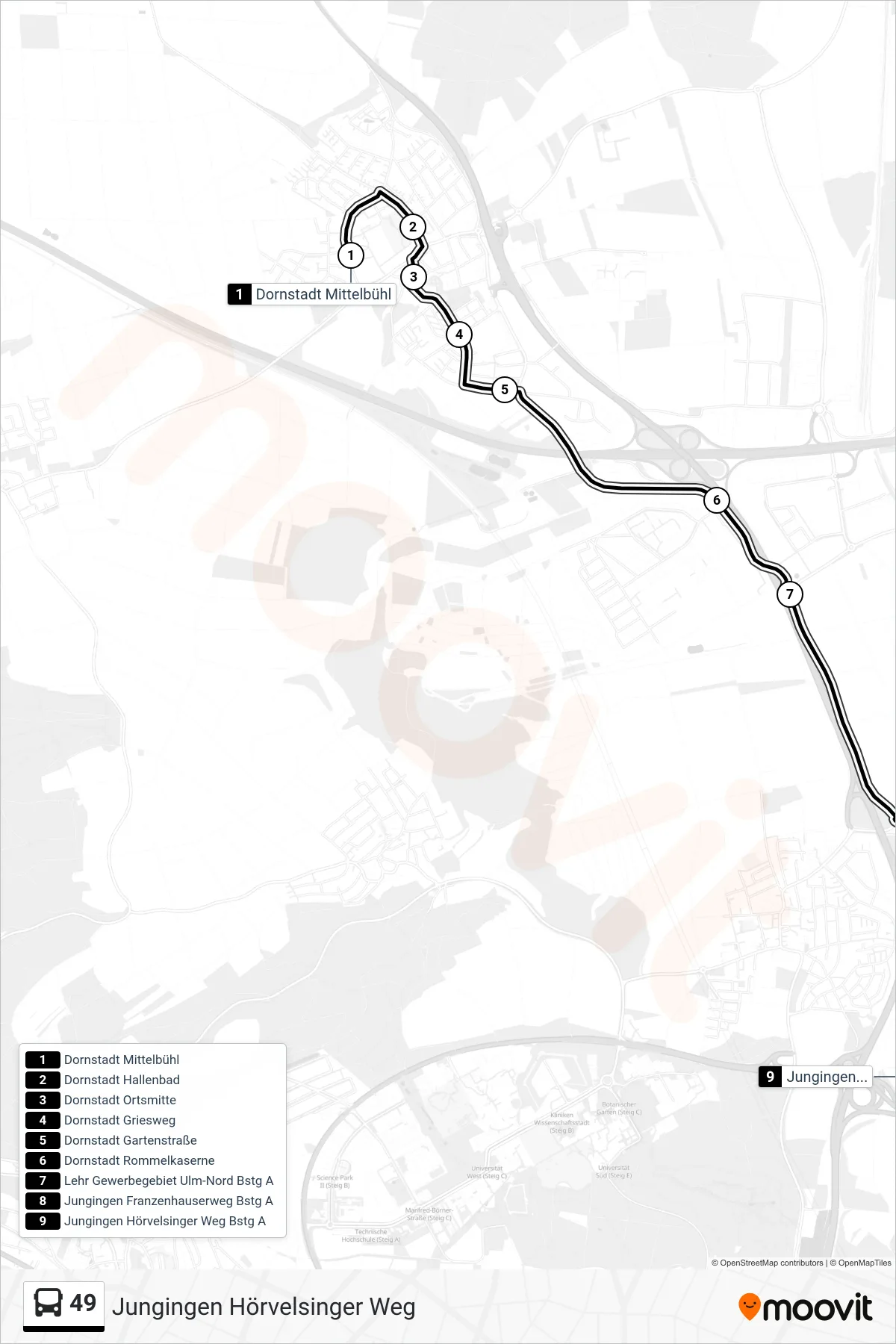 Linie 49 (Bus) Richtung Jungingen Hörvelsinger Weg: Route und Haltestellen auf der Karte