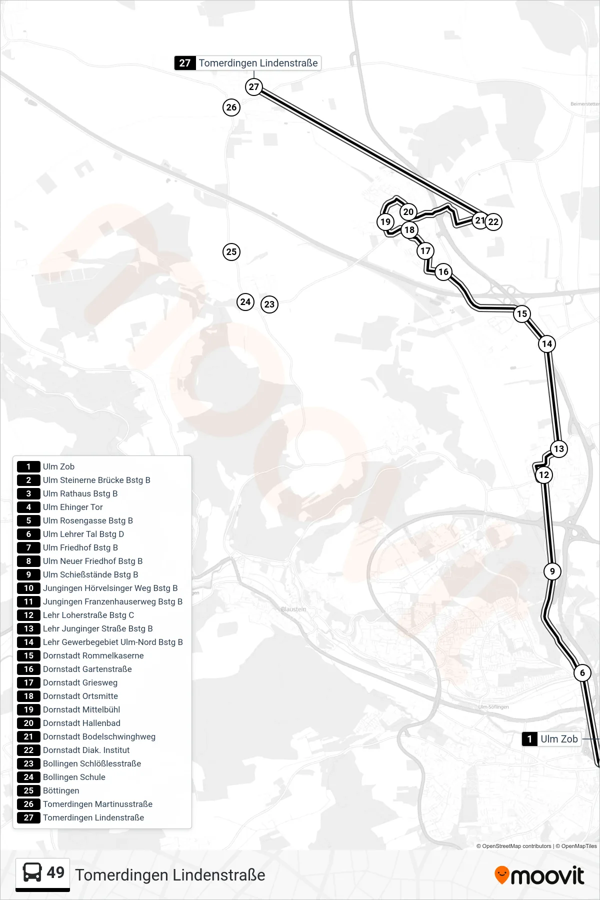 49 bus Line (Tomerdingen Lindenstraße) route and stops on a map