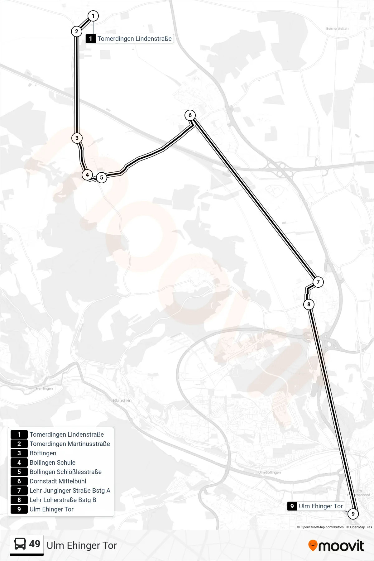 49 bus Line (Ulm Ehinger Tor) route and stops on a map